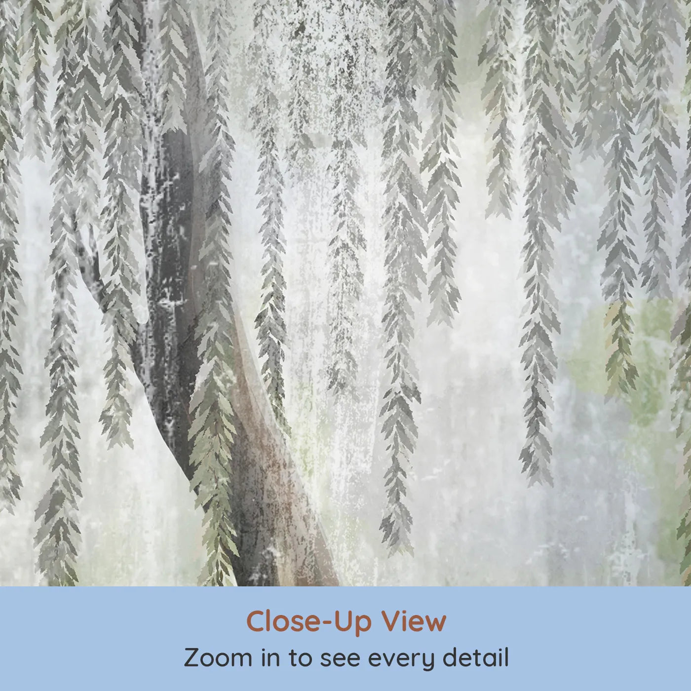 Close-up view of Whimsy Tots' Misty Weeping Willow Wall Mural (Turn Their Room into a Dreamy, Ethereal Forest).Gender-Neutral
