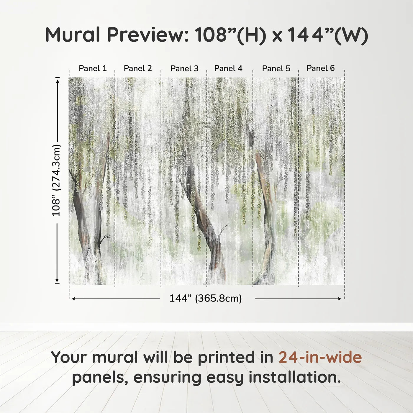 Whimsy Tots Misty Weeping Willow Wall Muraldimension view (108" H x 144" W). Printed in six 24-inch-wide panels. Gender-Neutral