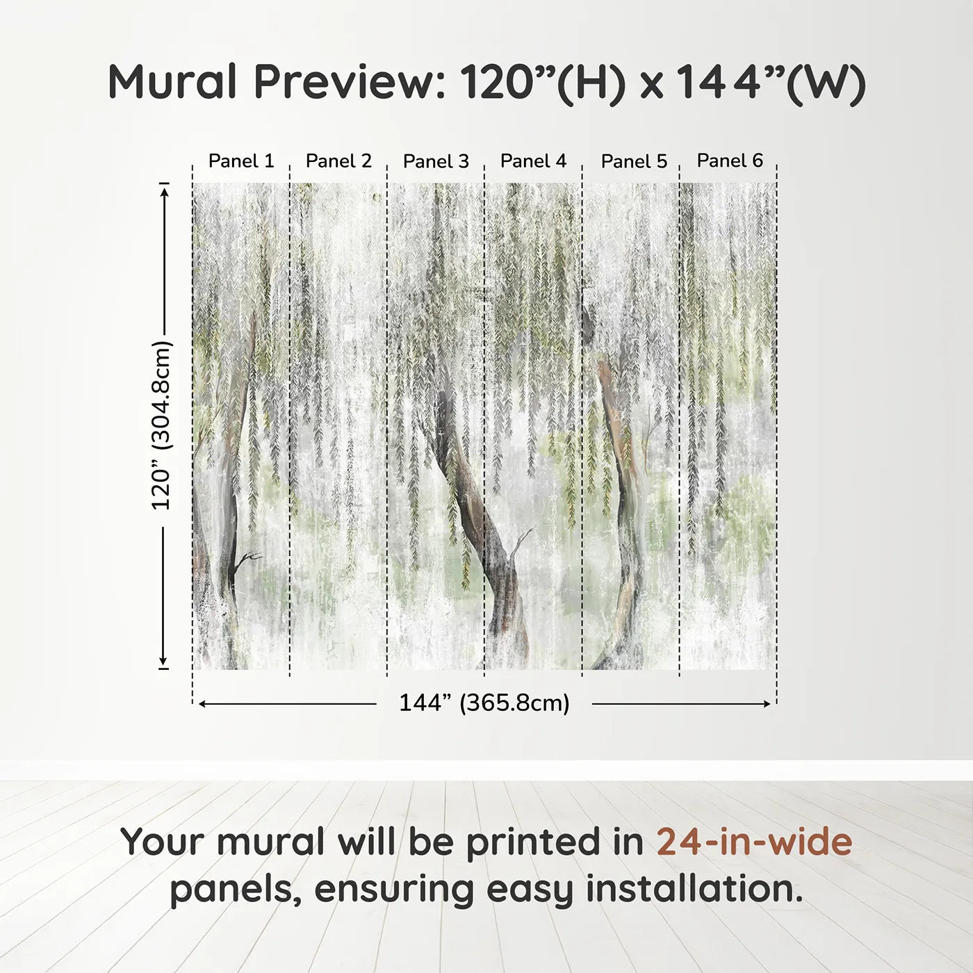 Whimsy Tots Misty Weeping Willow Wall Muraldimension view (120" H x 144" W). Printed in six 24-inch-wide panels. Gender-Neutral