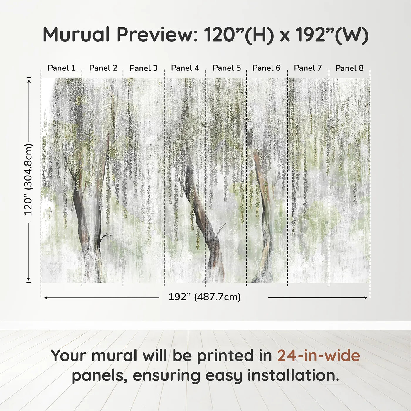 Whimsy Tots Misty Weeping Willow Wall Muraldimension view (120" H x 192" W). Printed in eight 24-inch-wide panels. Gender-Neutral