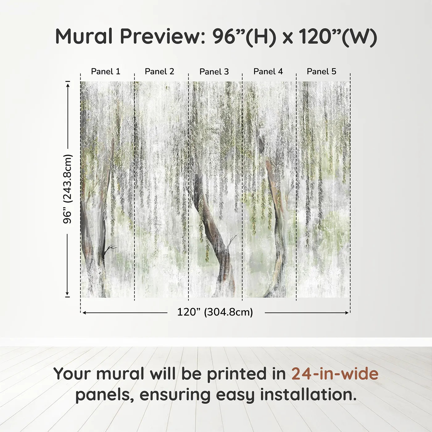 Whimsy Tots Misty Weeping Willow Wall Muraldimension view (96" H x 120" W). Printed in five 24-inch-wide panels. Gender-Neutral