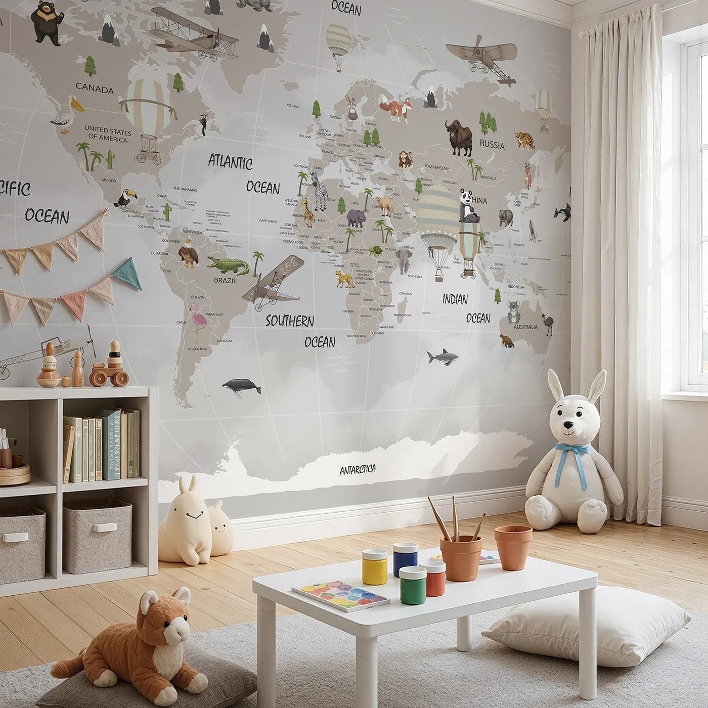 Angled view of Whimsy Tots' Vintage Aviation World Map Wall Mural (Turn Their Room into an Explorer's Headquarters).Gender-Neutral