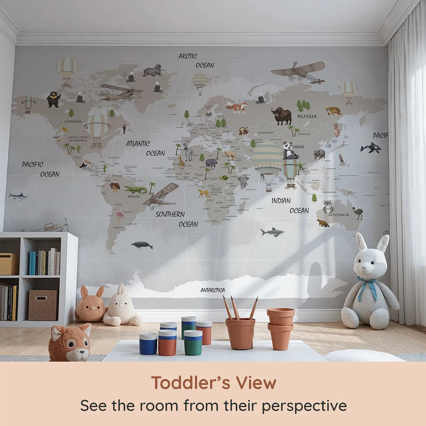 Whimsy Tots Vintage Aviation World Map Wall Mural (Turn Their Room into an Explorer's Headquarters) from your child's view.Gender-Neutral