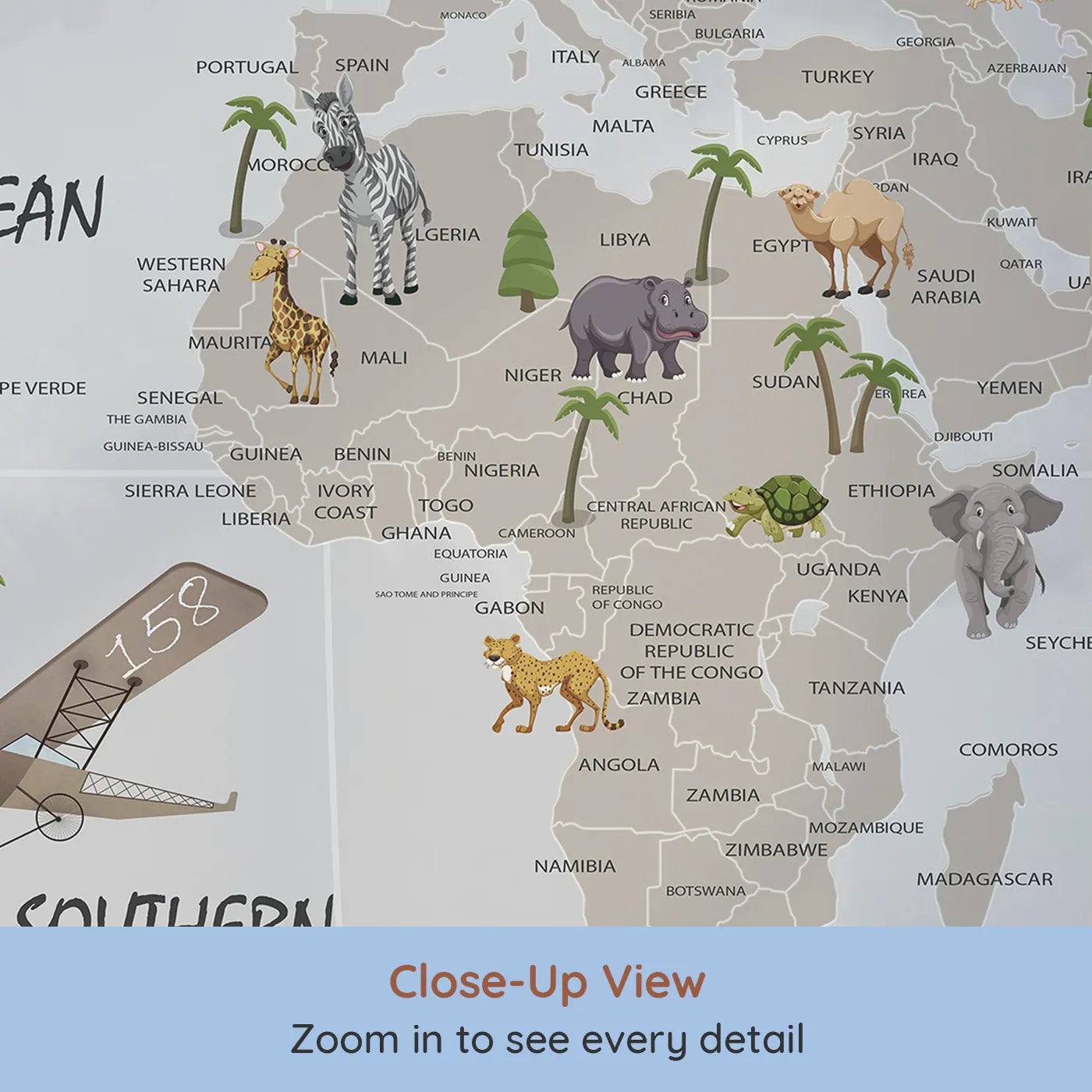 Close-up view of Whimsy Tots' Vintage Aviation World Map Wall Mural (Turn Their Room into an Explorer's Headquarters).Gender-Neutral