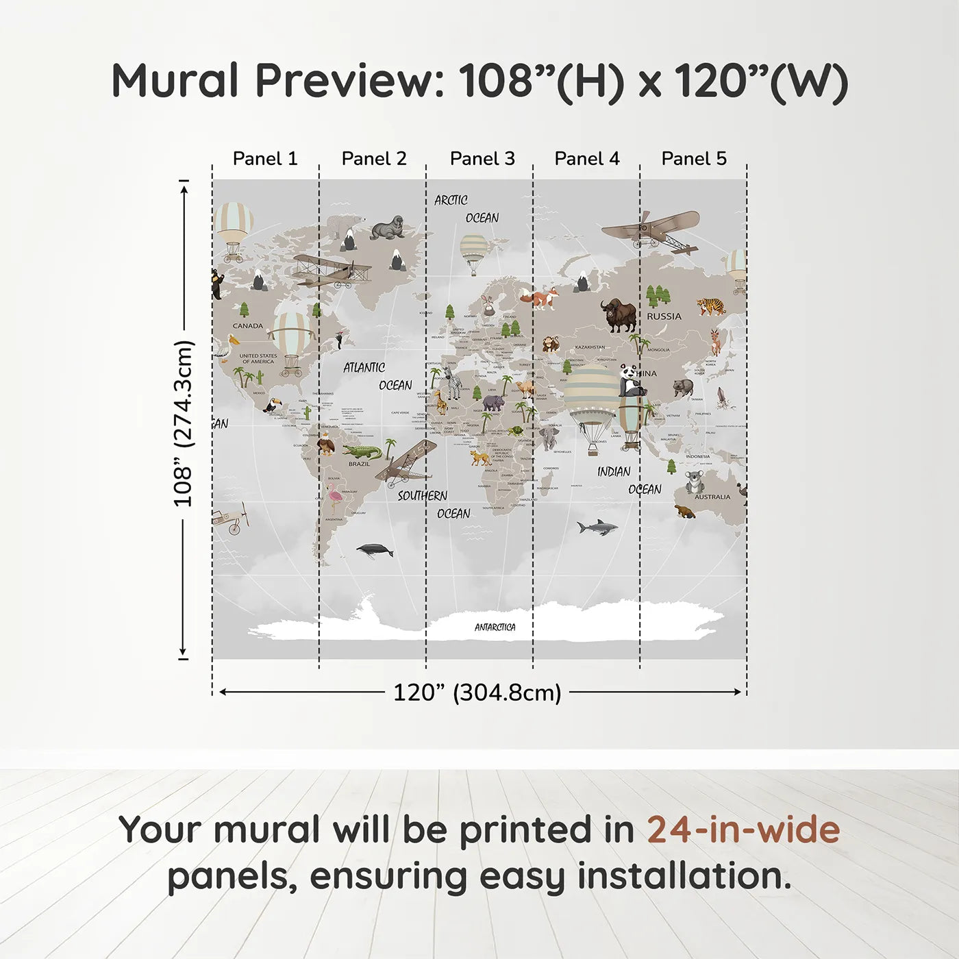 Whimsy Tots Vintage Aviation World Map Wall Muraldimension view (108" H x 120" W). Printed in five 24-inch-wide panels. Gender-Neutral