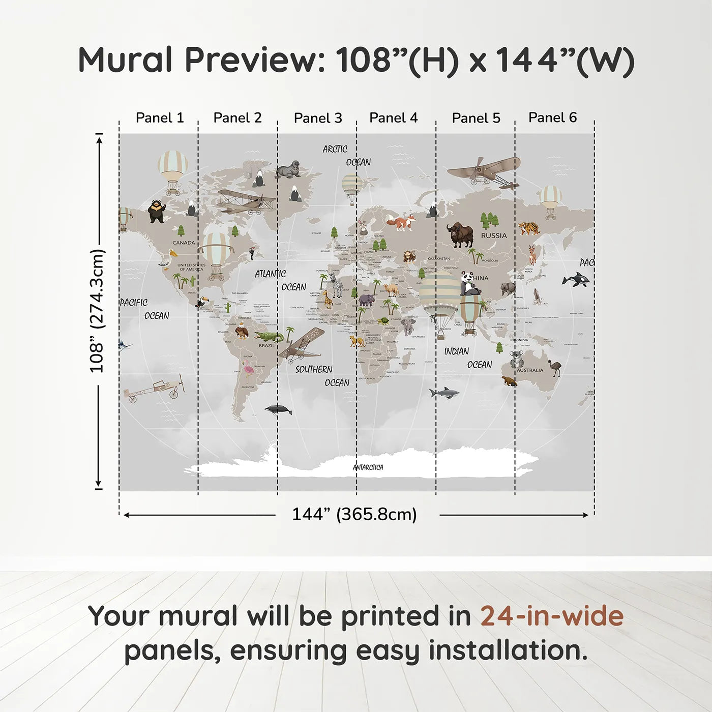 Whimsy Tots Vintage Aviation World Map Wall Muraldimension view (108" H x 144" W). Printed in six 24-inch-wide panels. Gender-Neutral