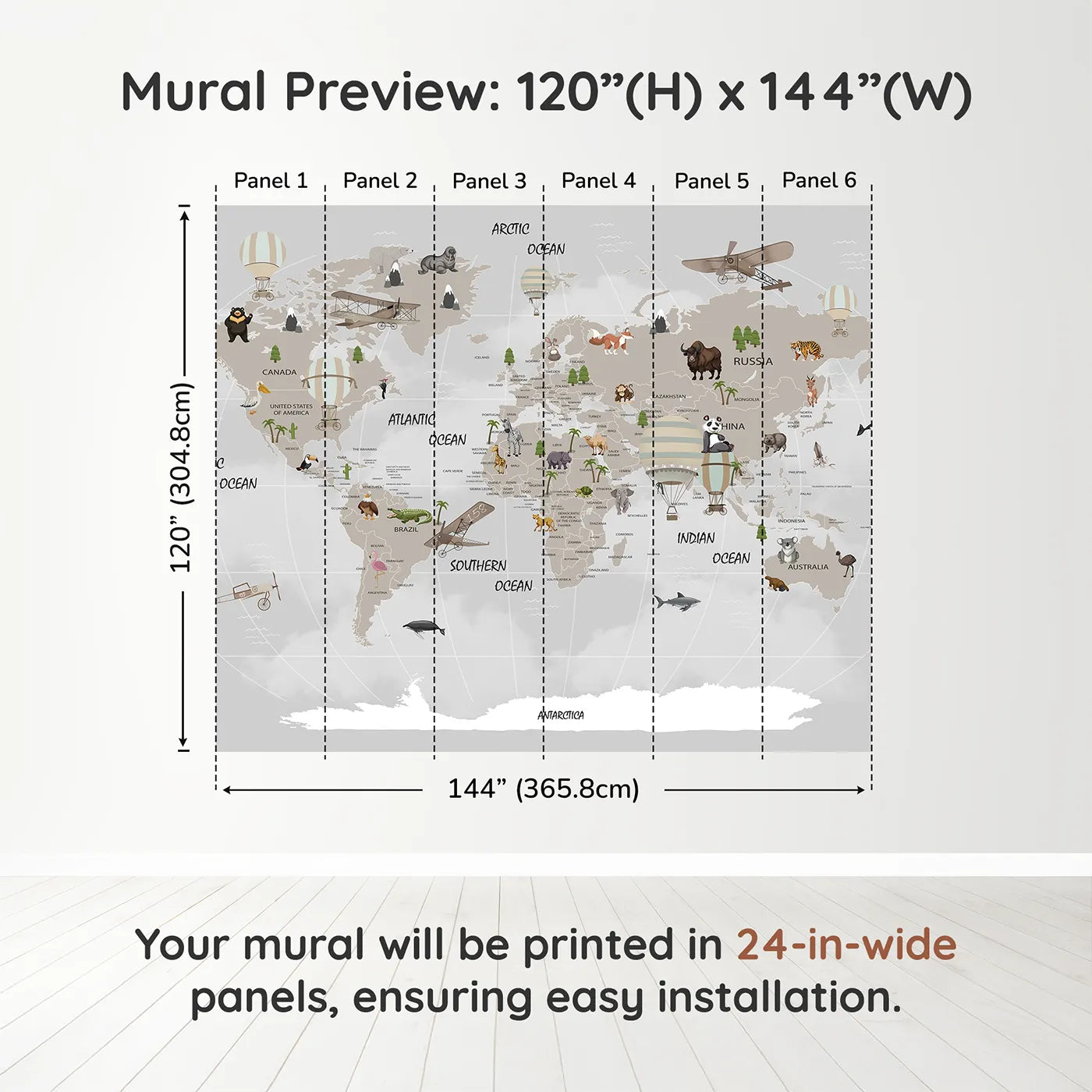 Whimsy Tots Vintage Aviation World Map Wall Muraldimension view (120" H x 144" W). Printed in six 24-inch-wide panels. Gender-Neutral