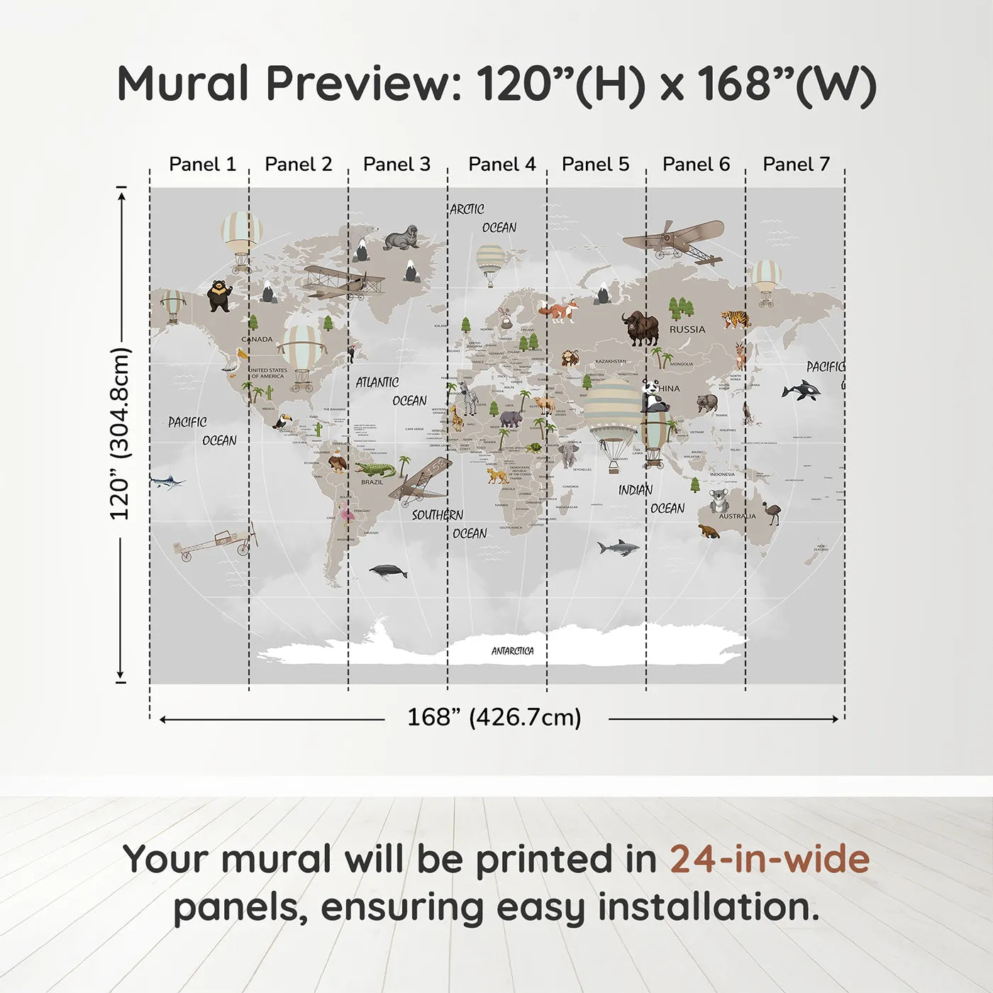 Whimsy Tots Vintage Aviation World Map Wall Muraldimension view (120" H x 168" W). Printed in seven 24-inch-wide panels. Gender-Neutral