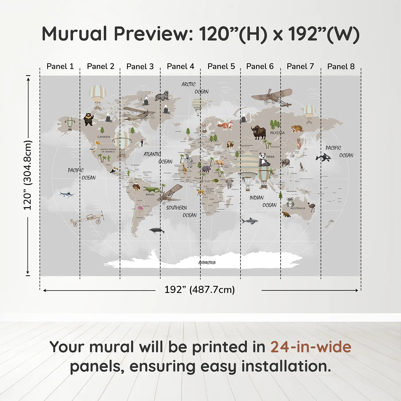 Whimsy Tots Vintage Aviation World Map Wall Muraldimension view (120" H x 192" W). Printed in eight 24-inch-wide panels. Gender-Neutral