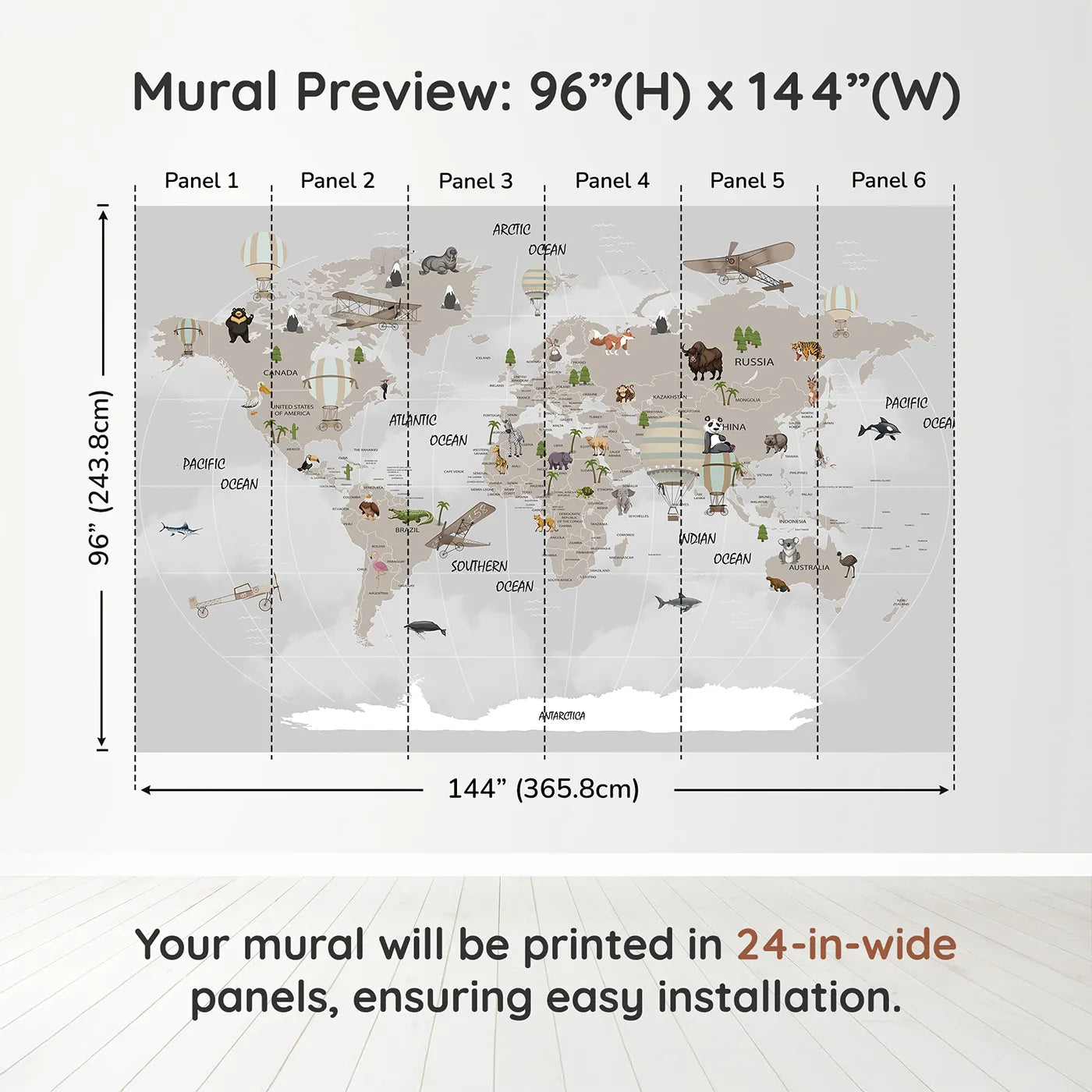 Whimsy Tots Vintage Aviation World Map Wall Muraldimension view (96" H x 144" W). Printed in six 24-inch-wide panels. Gender-Neutral