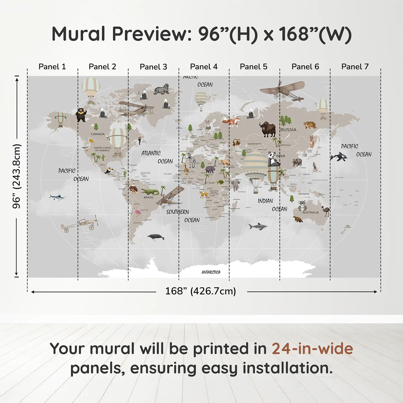 Whimsy Tots Vintage Aviation World Map Wall Muraldimension view (96" H x 168" W). Printed in seven 24-inch-wide panels. Gender-Neutral