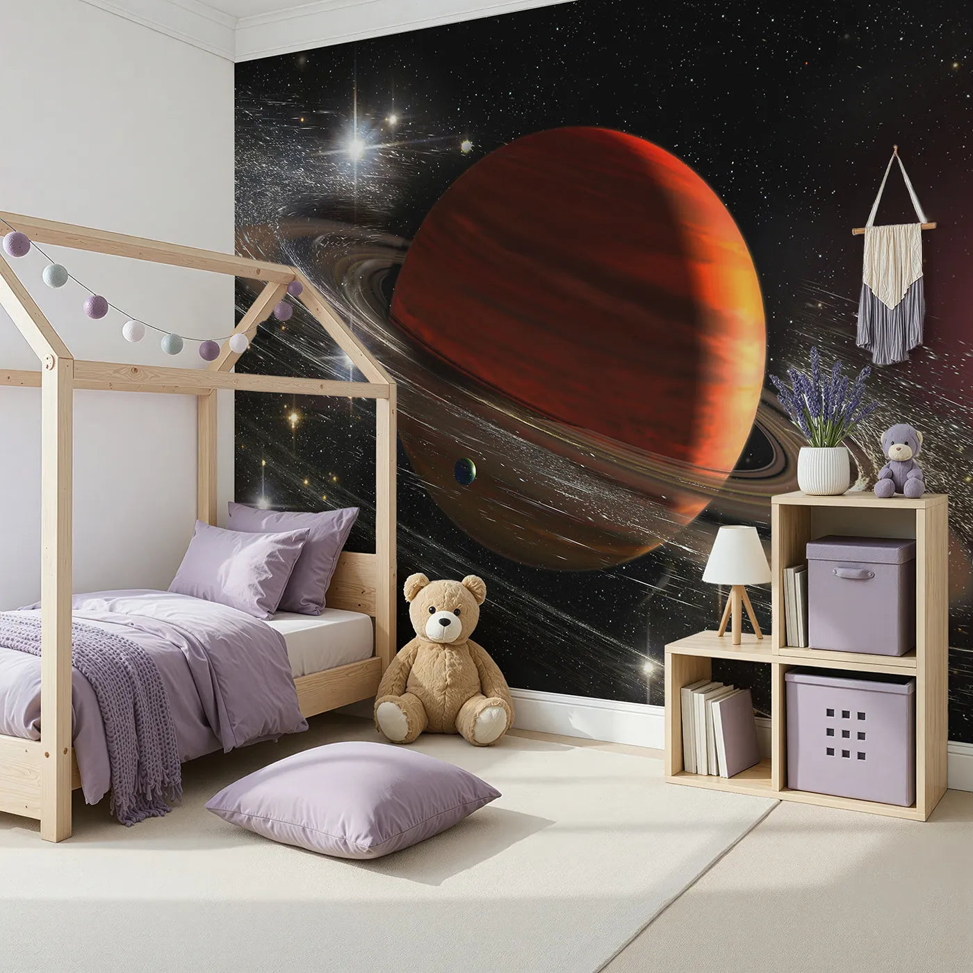 Angled view of Whimsy Tots' Ringed Gas Giant Planet Wall Mural (Turn Their Room into a Deep Space Observatory).Gender-Neutral