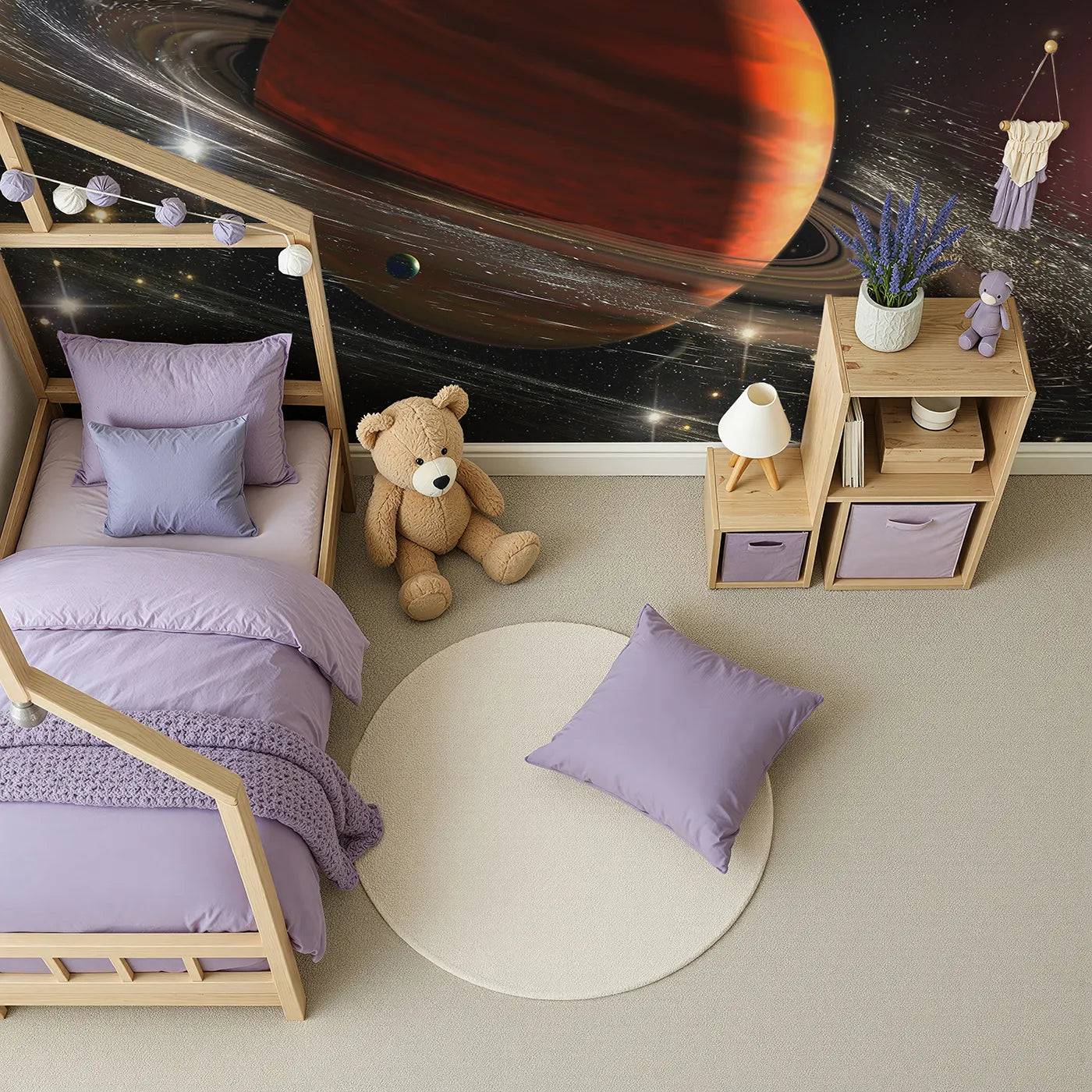 Top-down view of Whimsy Tots' Ringed Gas Giant Planet Wall Mural (Turn Their Room into a Deep Space Observatory).Gender-Neutral