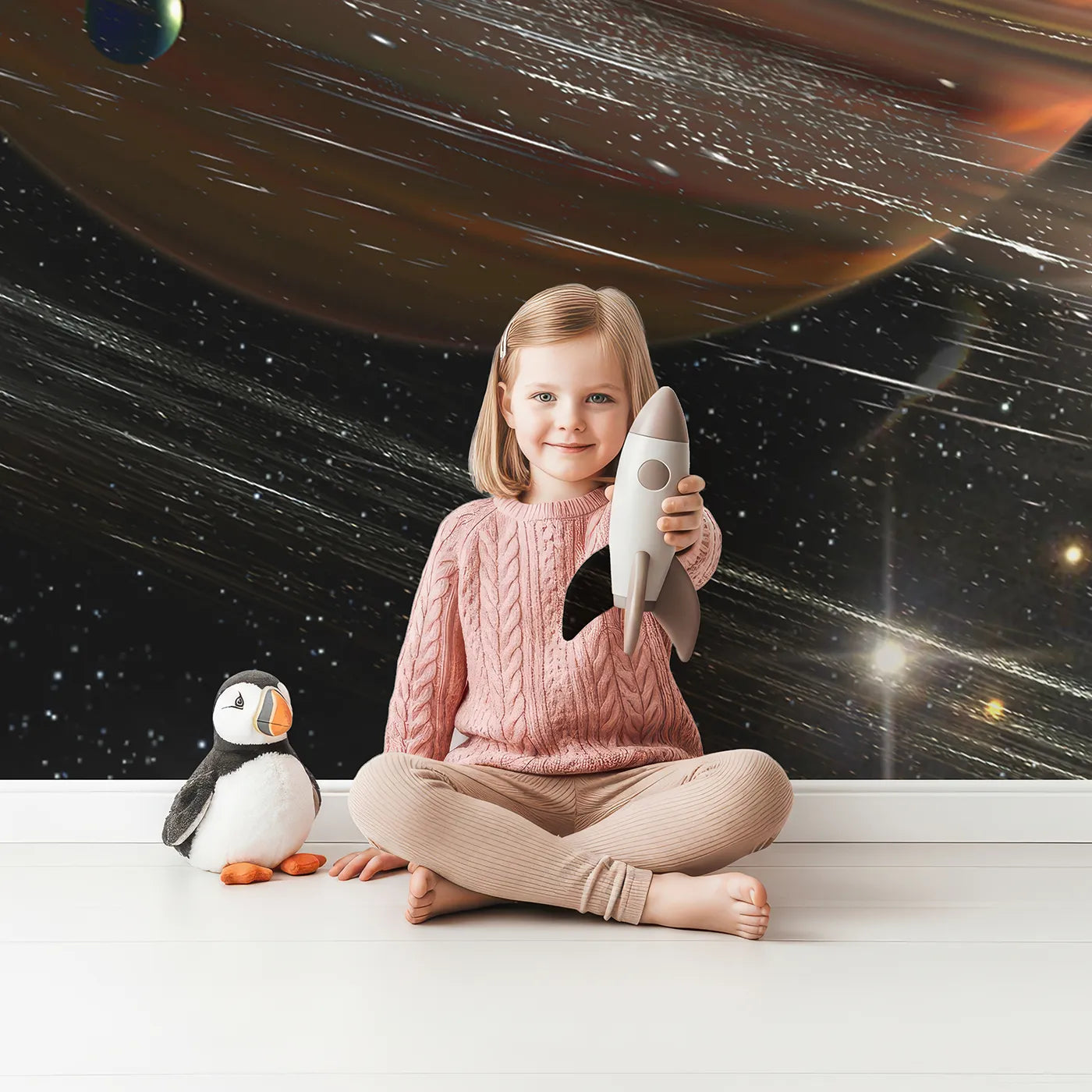 Child in front of Whimsy Tots Ringed Gas Giant Planet Wall Mural with space, planet, rings, galaxy, star, science, astronomy, cosmos in design.