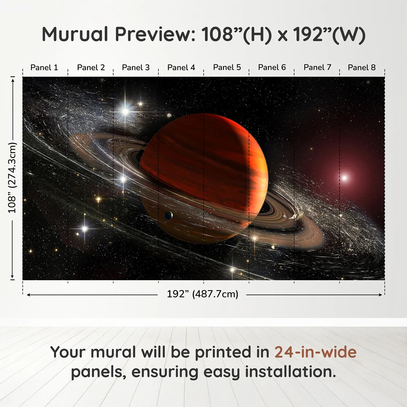 Whimsy Tots Ringed Gas Giant Planet Wall Muraldimension view (108" H x 192" W). Printed in eight 24-inch-wide panels. Gender-Neutral