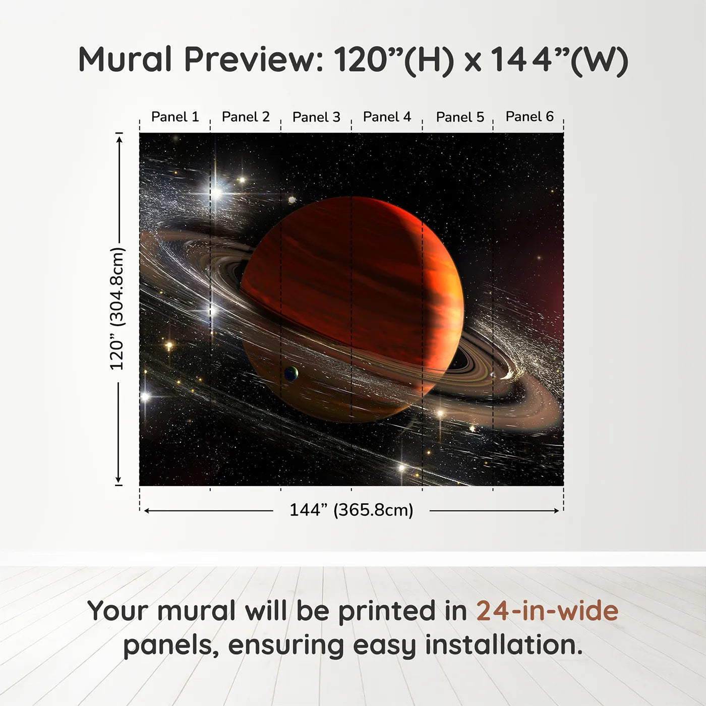 Whimsy Tots Ringed Gas Giant Planet Wall Muraldimension view (120" H x 144" W). Printed in six 24-inch-wide panels. Gender-Neutral