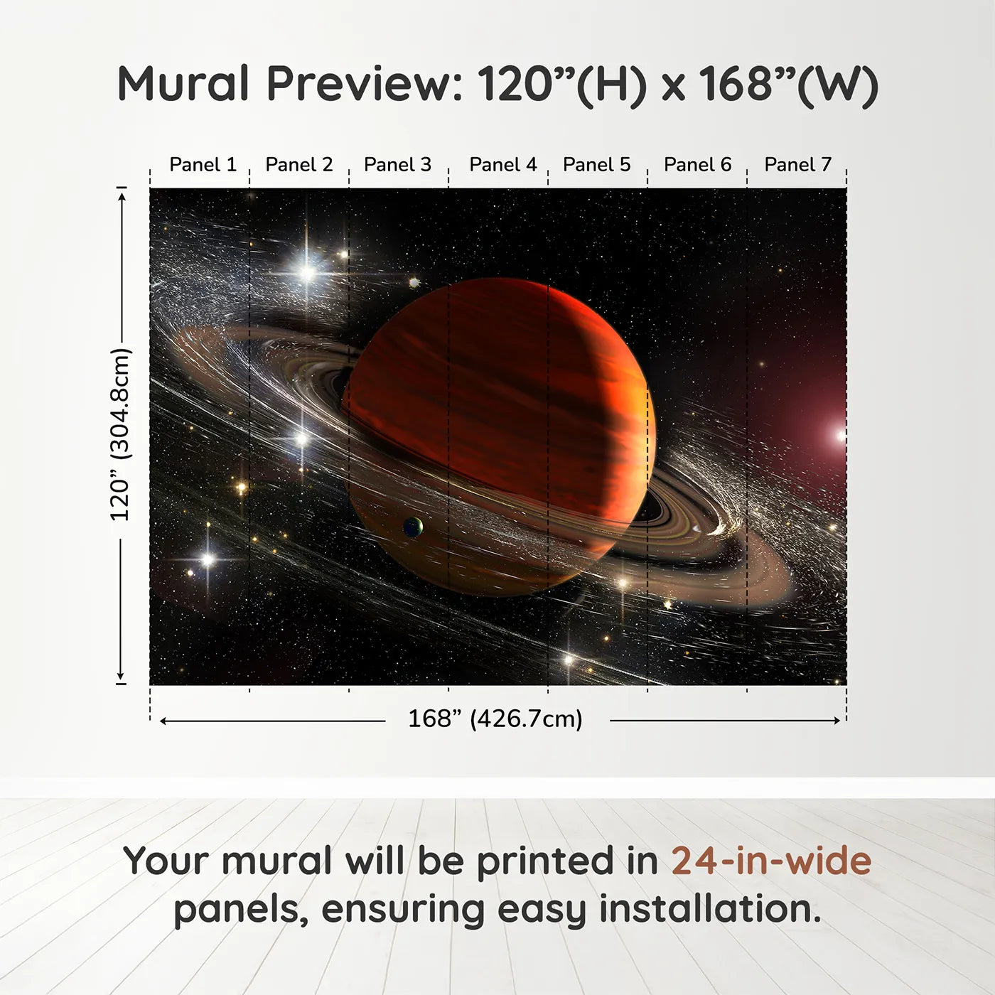 Whimsy Tots Ringed Gas Giant Planet Wall Muraldimension view (120" H x 168" W). Printed in seven 24-inch-wide panels. Gender-Neutral