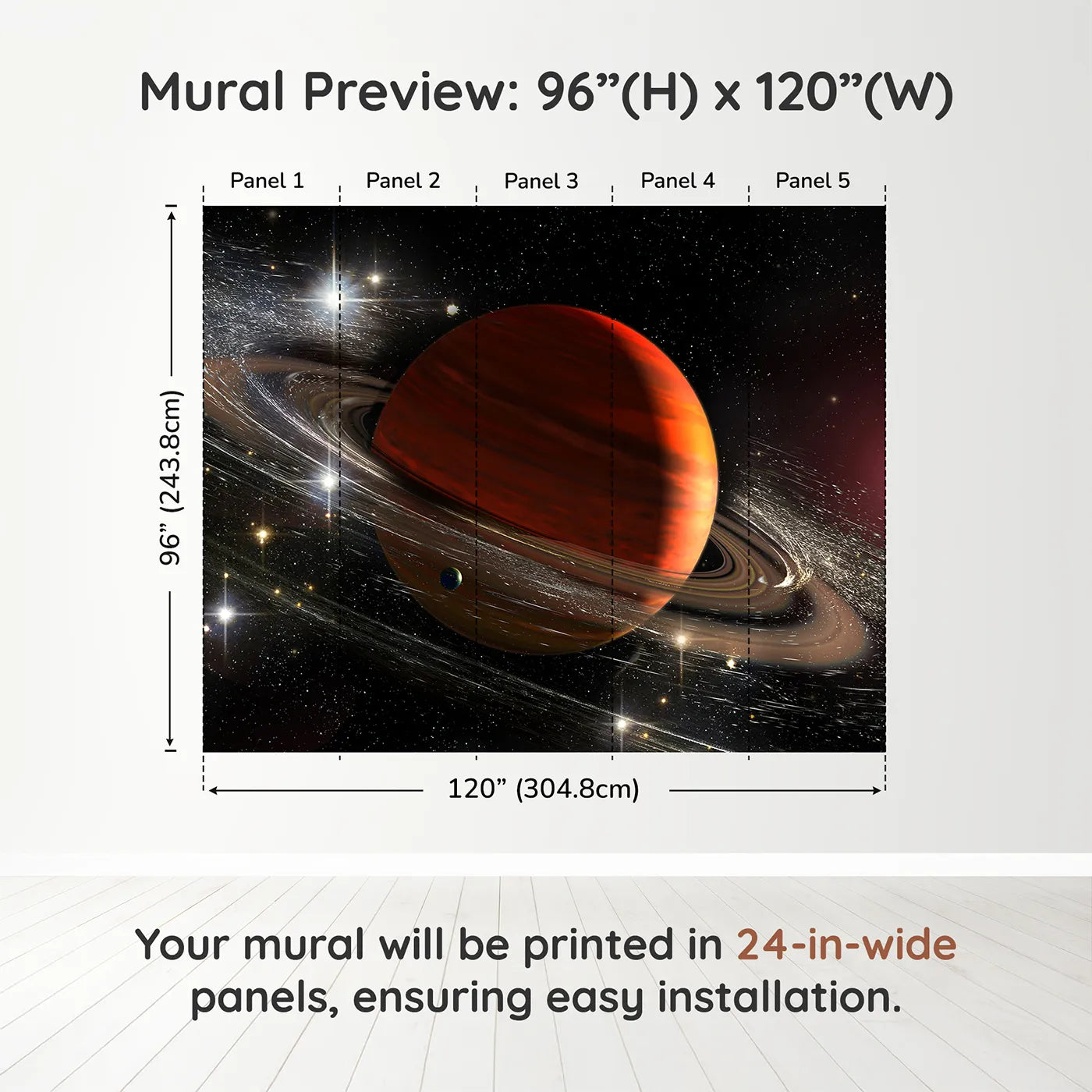 Whimsy Tots Ringed Gas Giant Planet Wall Muraldimension view (96" H x 120" W). Printed in five 24-inch-wide panels. Gender-Neutral