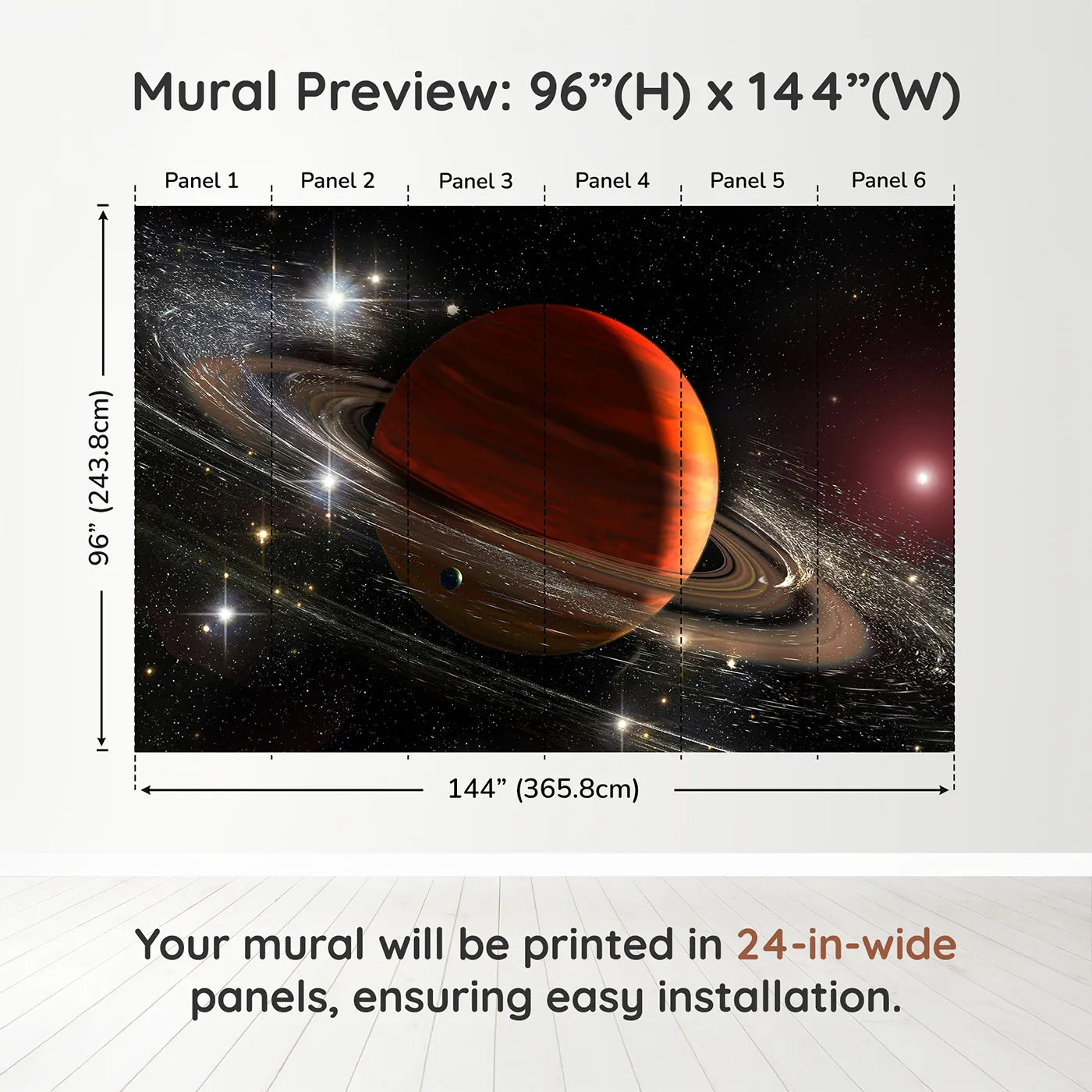 Whimsy Tots Ringed Gas Giant Planet Wall Muraldimension view (96" H x 144" W). Printed in six 24-inch-wide panels. Gender-Neutral