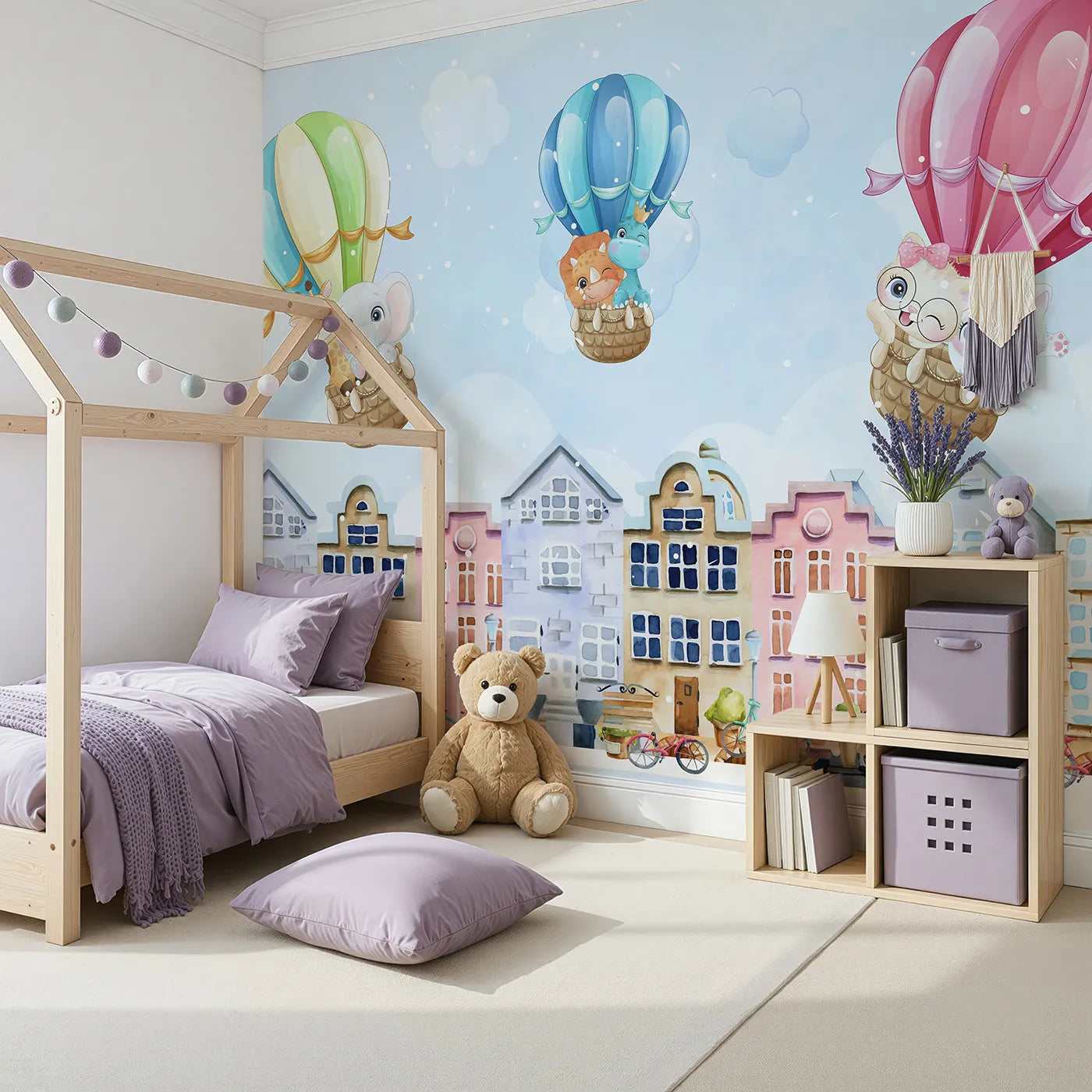 Angled view of Whimsy Tots' Animal Balloon Ride Over Town Wall Mural (Turn Their Room into a Whimsical Rooftop Parade).Gender-Neutral