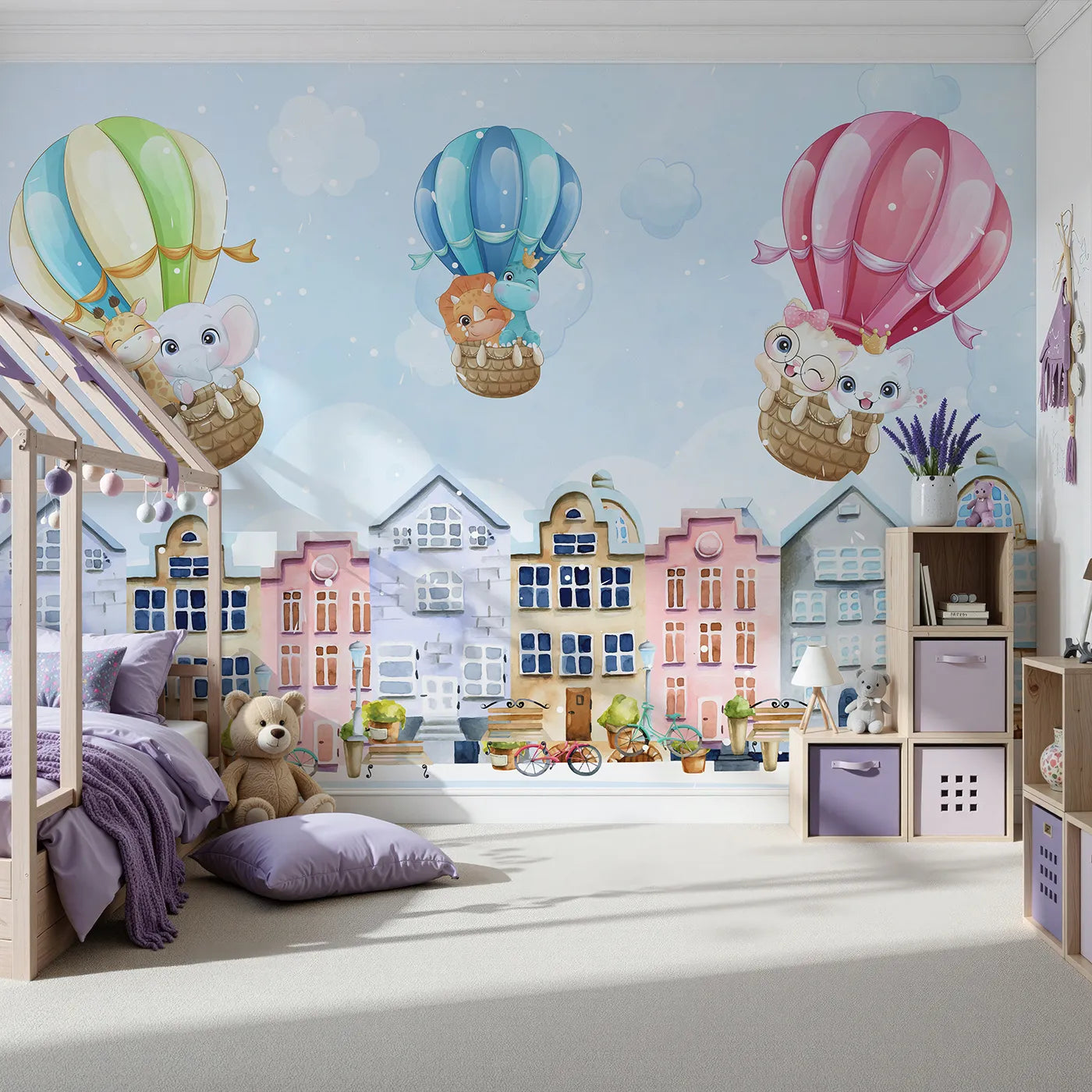 Front view of Whimsy Tots' Animal Balloon Ride Over Town Wall Mural
