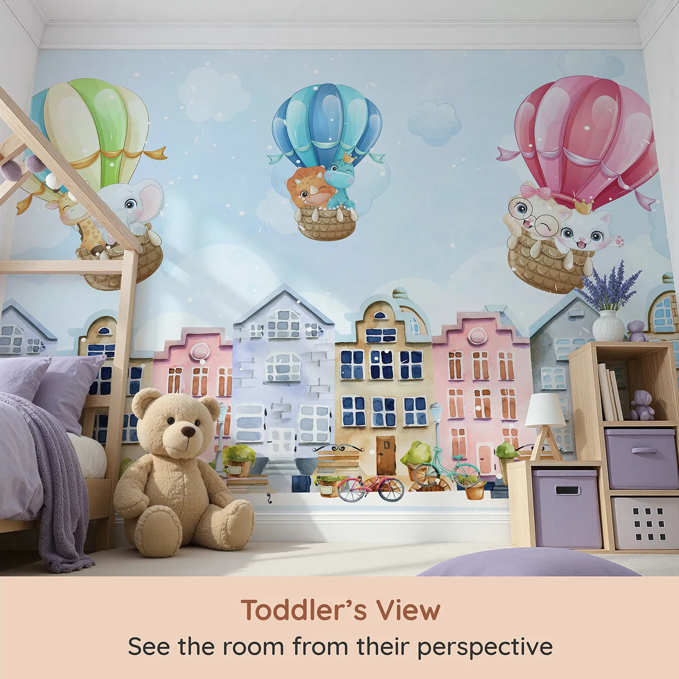 Whimsy Tots Animal Balloon Ride Over Town Wall Mural (Turn Their Room into a Whimsical Rooftop Parade) from your child's view.Gender-Neutral