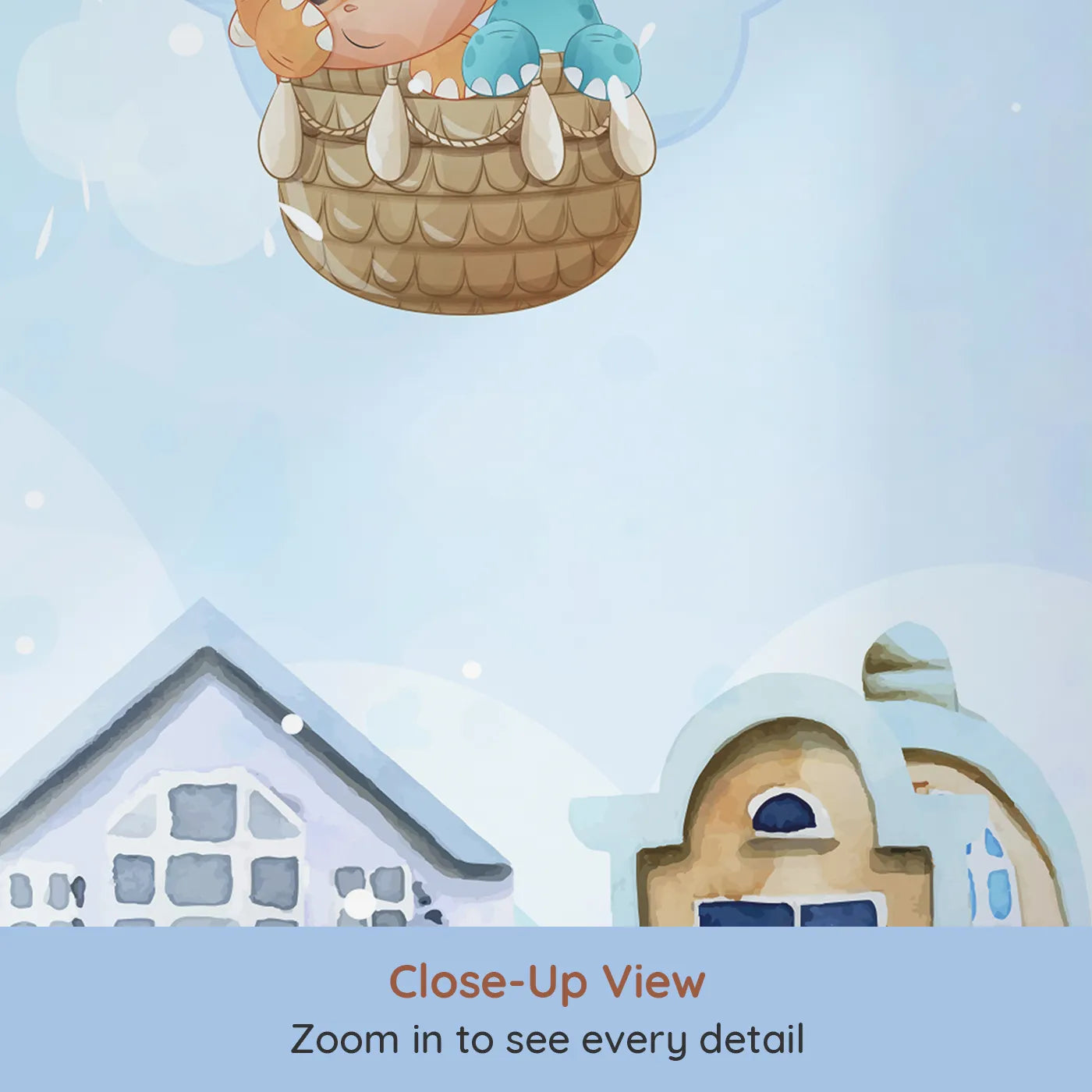 Close-up view of Whimsy Tots' Animal Balloon Ride Over Town Wall Mural (Turn Their Room into a Whimsical Rooftop Parade).Gender-Neutral