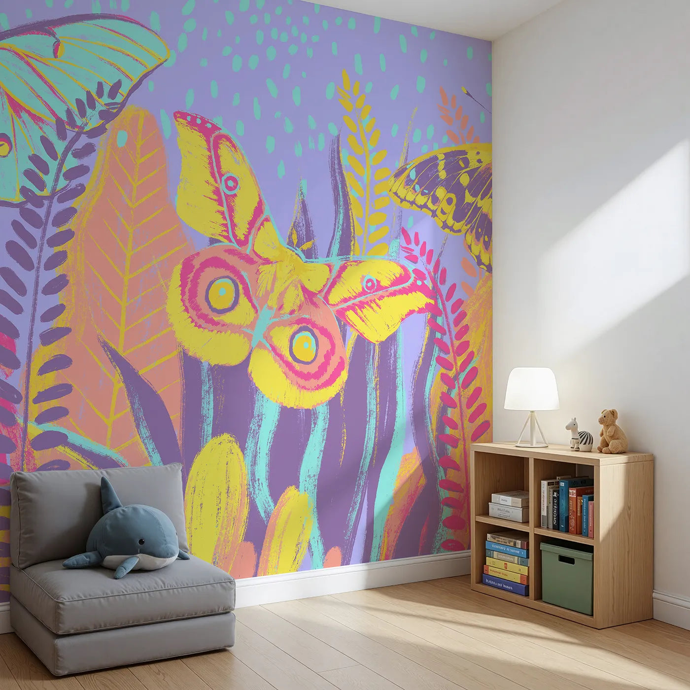 Angled view of Whimsy Tots' Psychedelic Moth Garden Wall Mural (Turn Their Room into a Vibrant, Neon Jungle).Gender-Neutral