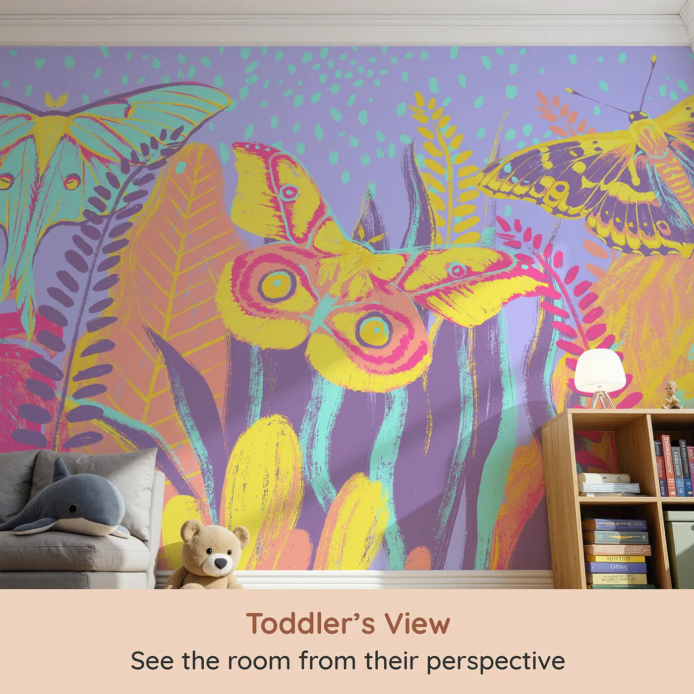 Whimsy Tots Psychedelic Moth Garden Wall Mural (Turn Their Room into a Vibrant, Neon Jungle) from your child's view.Gender-Neutral