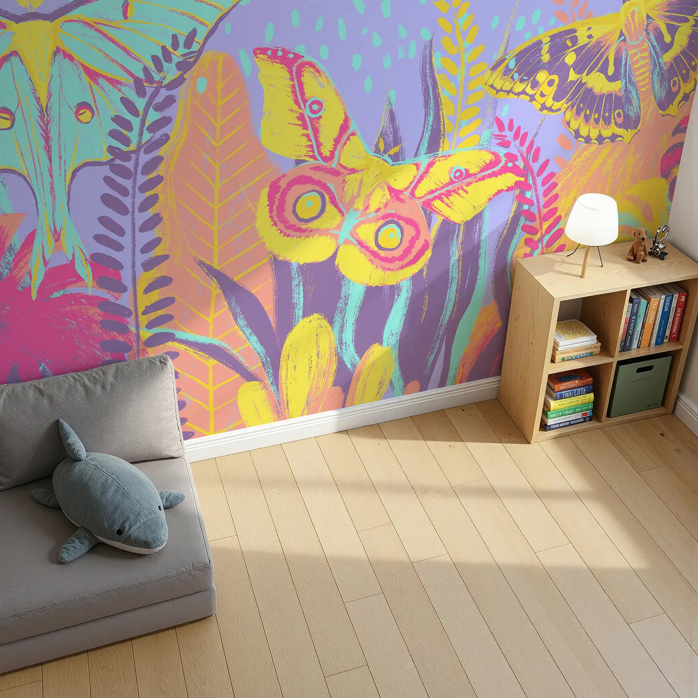 Top-down view of Whimsy Tots' Psychedelic Moth Garden Wall Mural (Turn Their Room into a Vibrant, Neon Jungle).Gender-Neutral