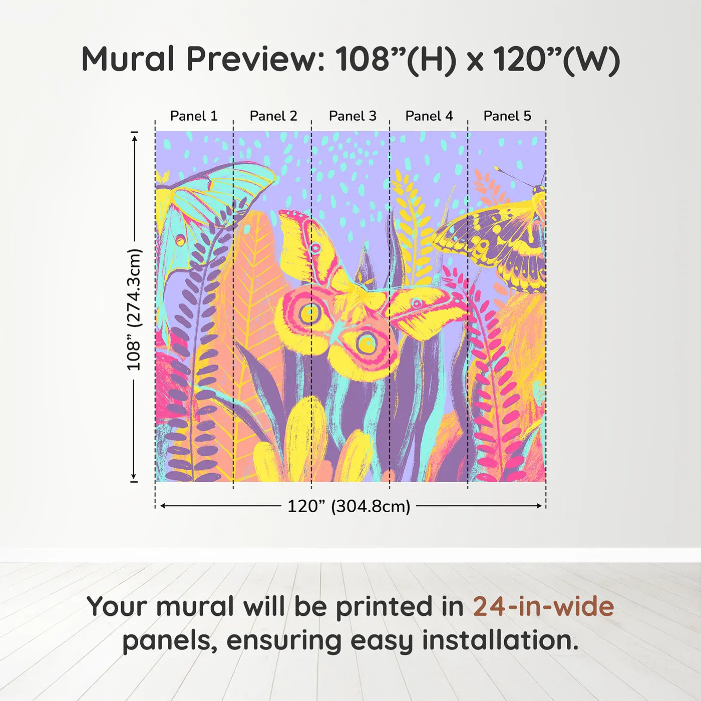 Whimsy Tots Psychedelic Moth Garden Wall Muraldimension view (108" H x 120" W). Printed in five 24-inch-wide panels. Gender-Neutral