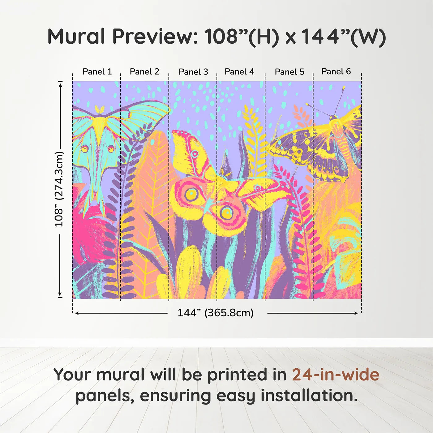 Whimsy Tots Psychedelic Moth Garden Wall Muraldimension view (108" H x 144" W). Printed in six 24-inch-wide panels. Gender-Neutral