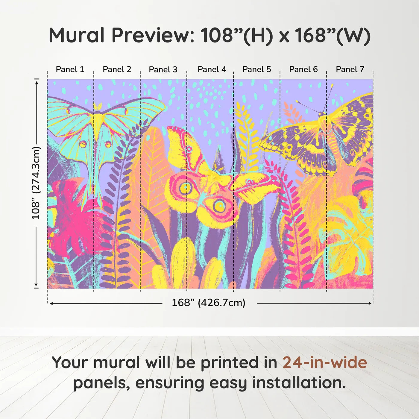 Whimsy Tots Psychedelic Moth Garden Wall Muraldimension view (108" H x 168" W). Printed in seven 24-inch-wide panels. Gender-Neutral