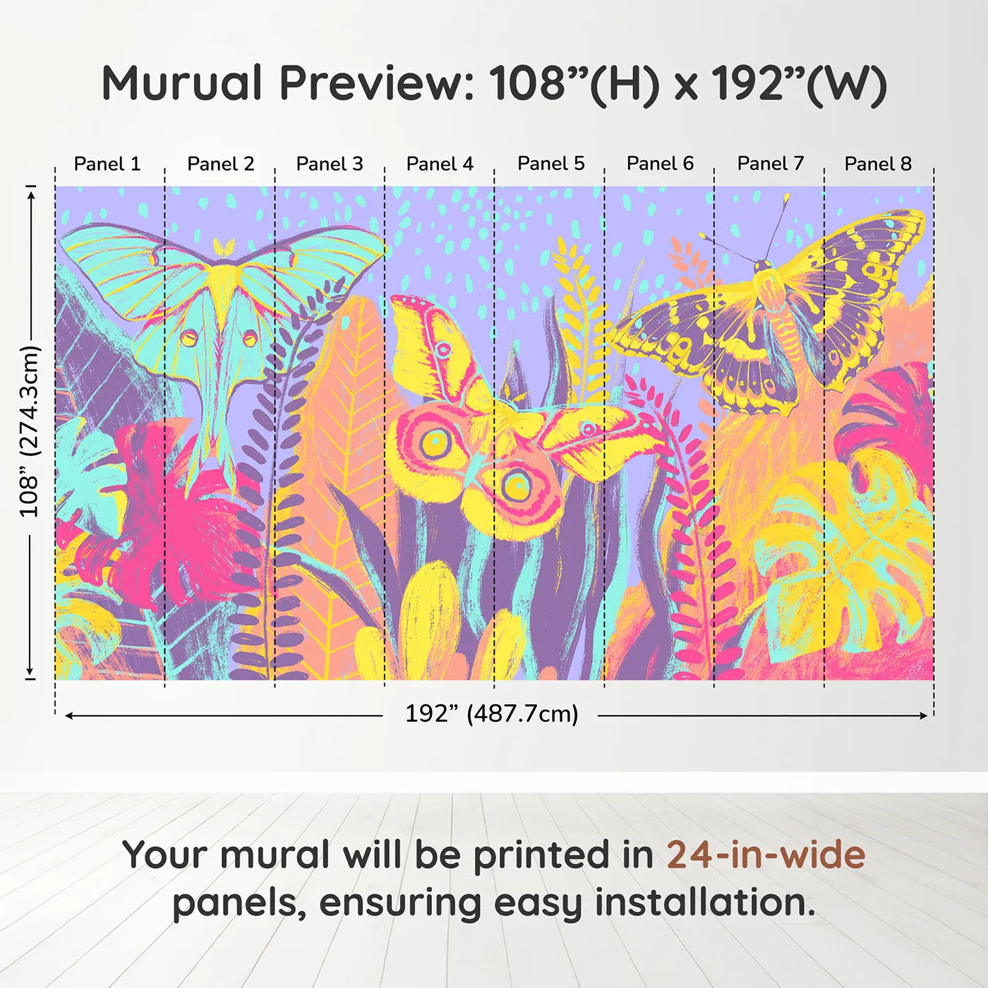 Whimsy Tots Psychedelic Moth Garden Wall Muraldimension view (108" H x 192" W). Printed in eight 24-inch-wide panels. Gender-Neutral