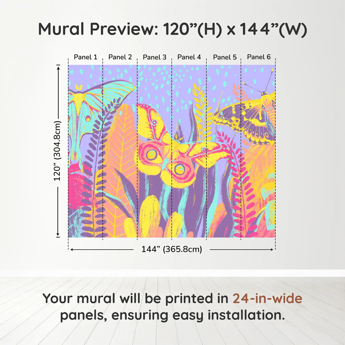 Whimsy Tots Psychedelic Moth Garden Wall Muraldimension view (120" H x 144" W). Printed in six 24-inch-wide panels. Gender-Neutral