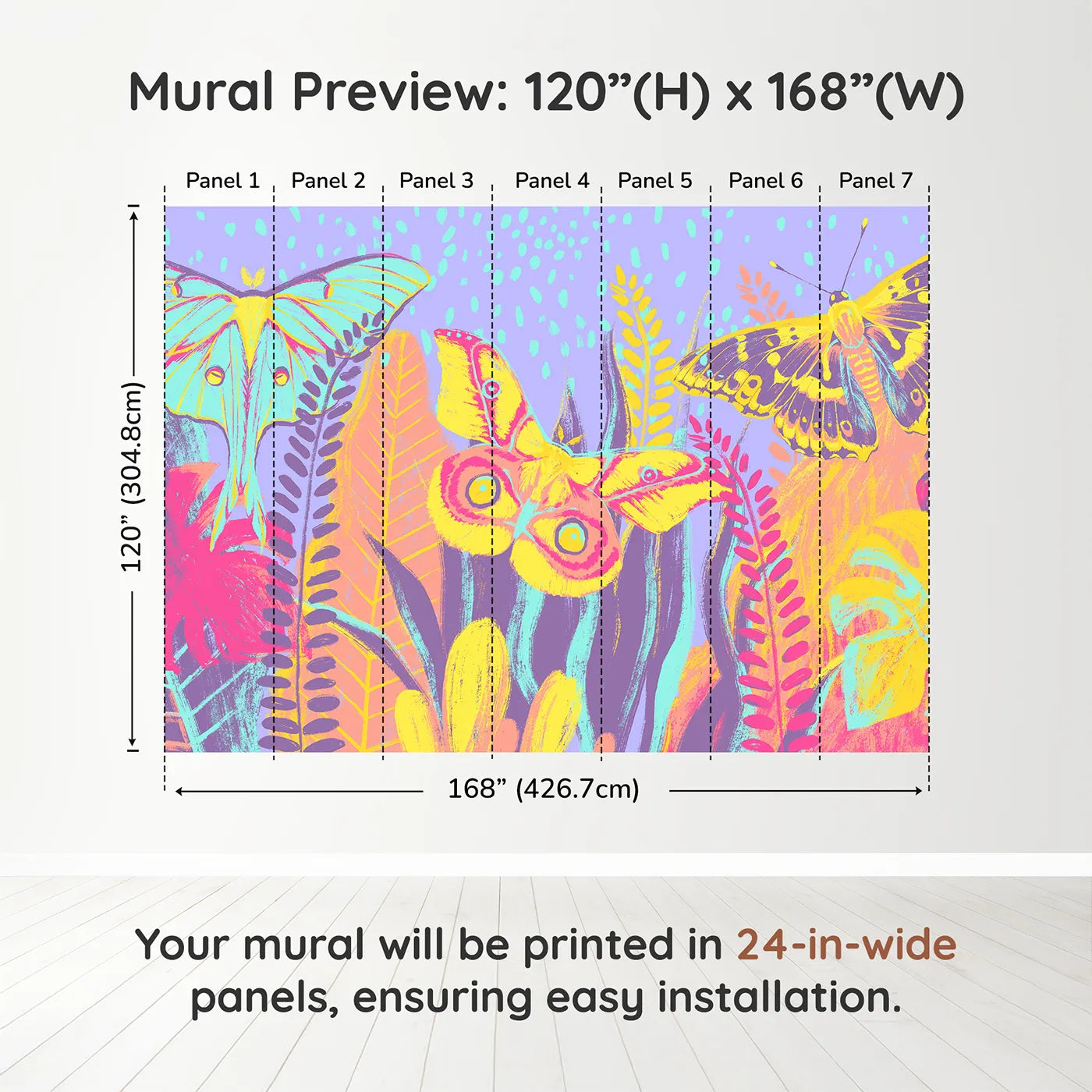 Whimsy Tots Psychedelic Moth Garden Wall Muraldimension view (120" H x 168" W). Printed in seven 24-inch-wide panels. Gender-Neutral