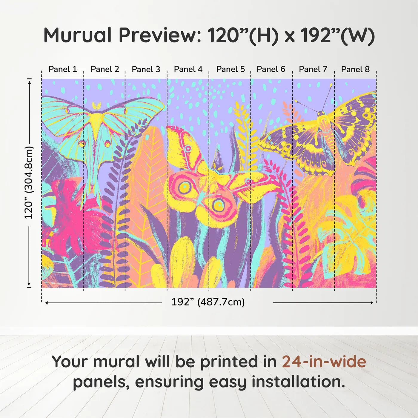 Whimsy Tots Psychedelic Moth Garden Wall Muraldimension view (120" H x 192" W). Printed in eight 24-inch-wide panels. Gender-Neutral