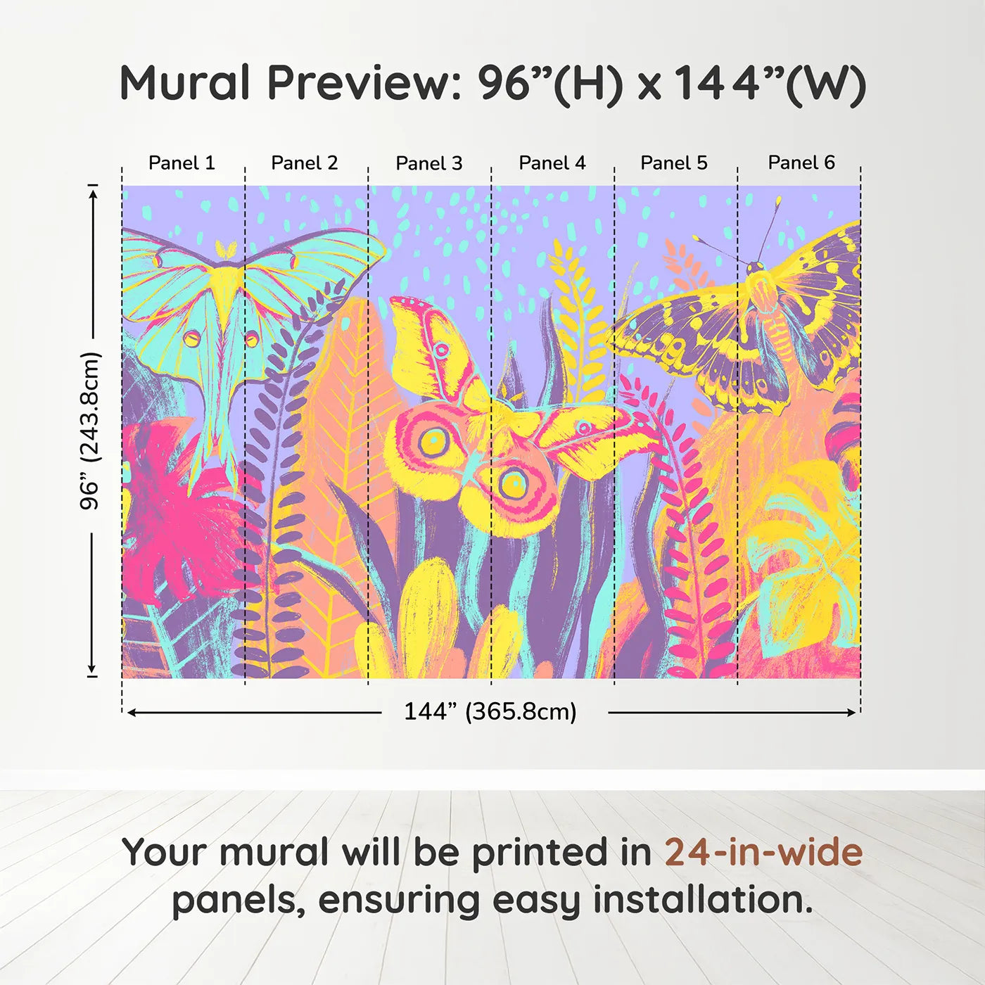 Whimsy Tots Psychedelic Moth Garden Wall Muraldimension view (96" H x 144" W). Printed in six 24-inch-wide panels. Gender-Neutral