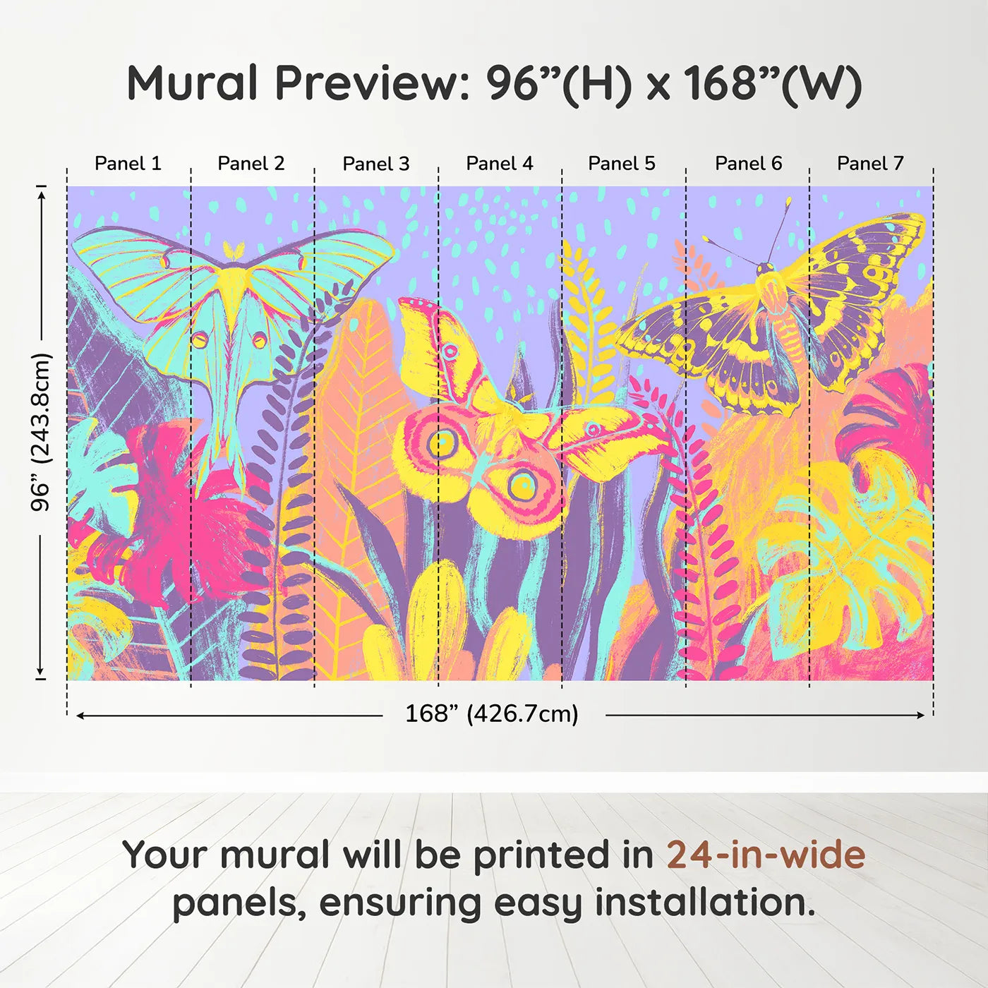 Whimsy Tots Psychedelic Moth Garden Wall Muraldimension view (96" H x 168" W). Printed in seven 24-inch-wide panels. Gender-Neutral