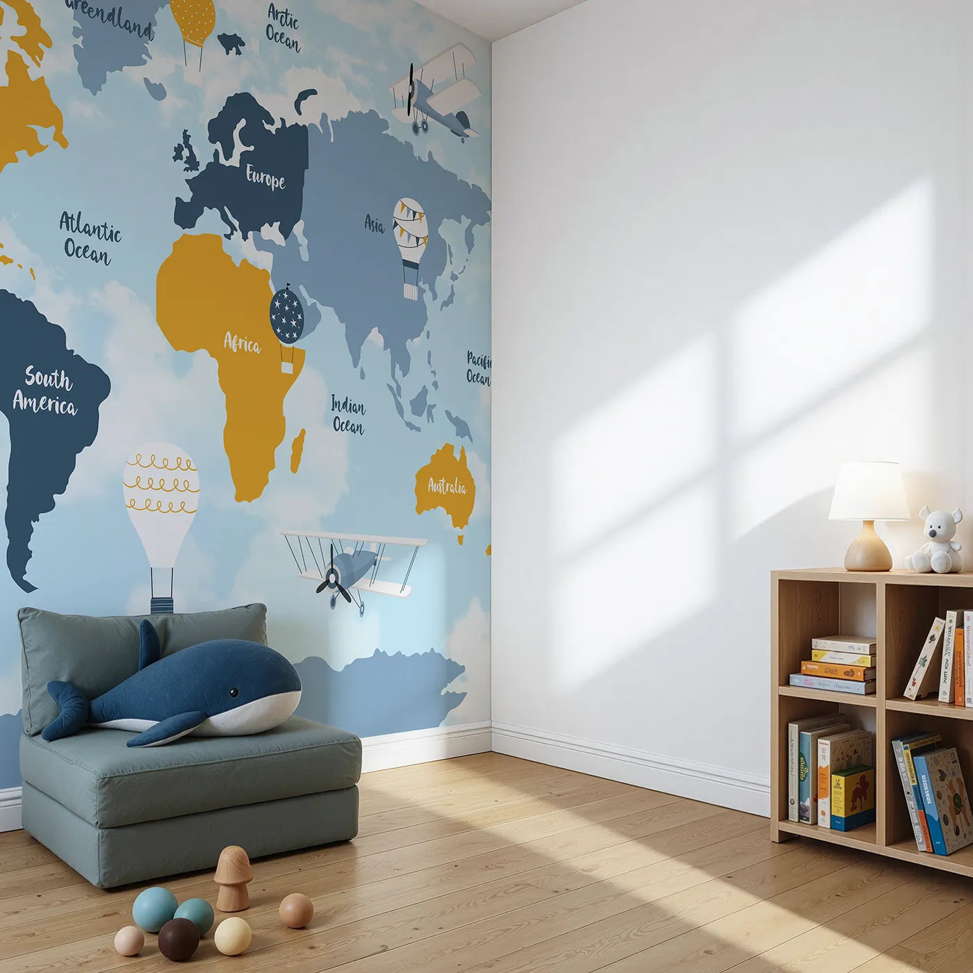 Angled view of Whimsy Tots' Vintage Air Travel World Map Wall Mural (Turn Their Room into a Classic Explorer's Chart Room).Gender-Neutral