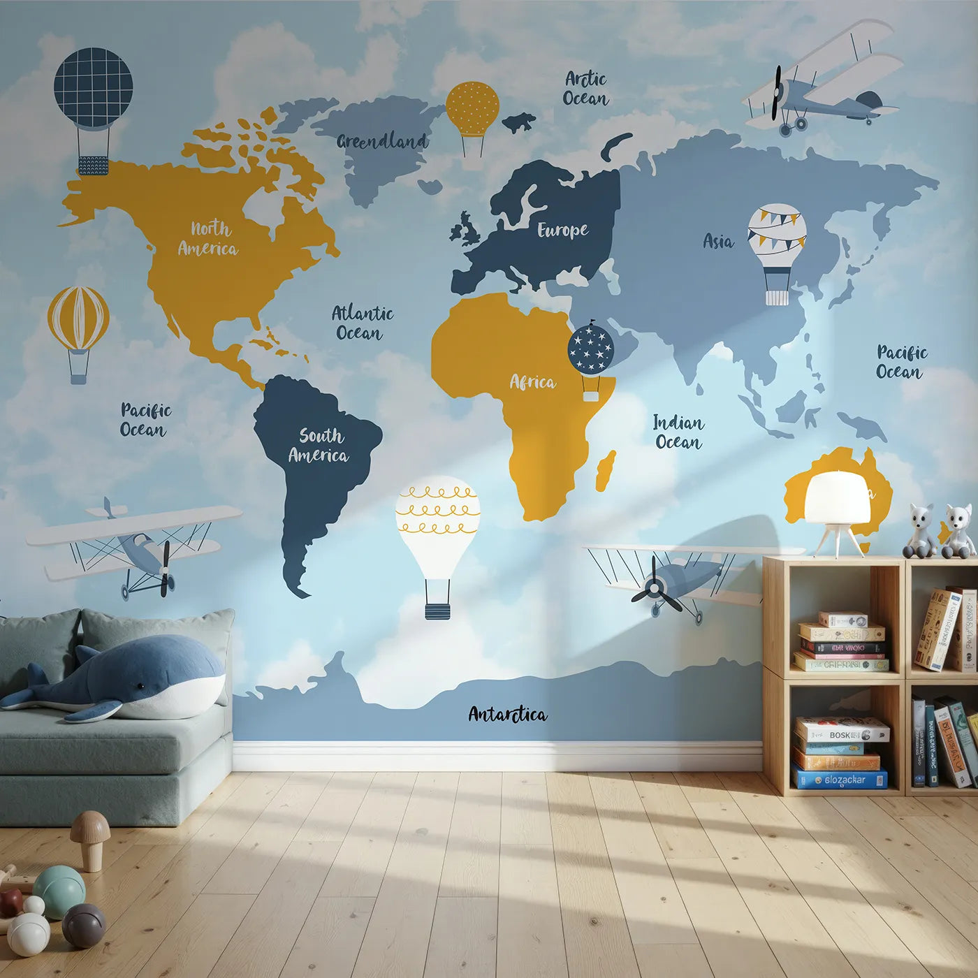 Front view of Whimsy Tots' Vintage Air Travel World Map Wall Mural