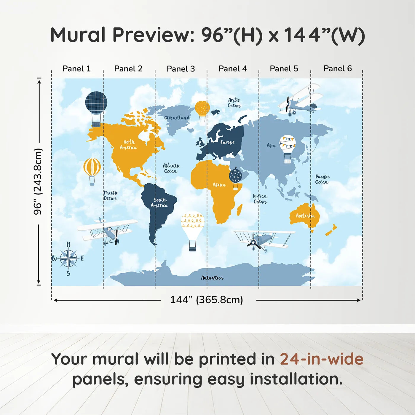 Whimsy Tots Vintage Air Travel World Map Wall Muraldimension view (96" H x 144" W). Printed in six 24-inch-wide panels. Gender-Neutral