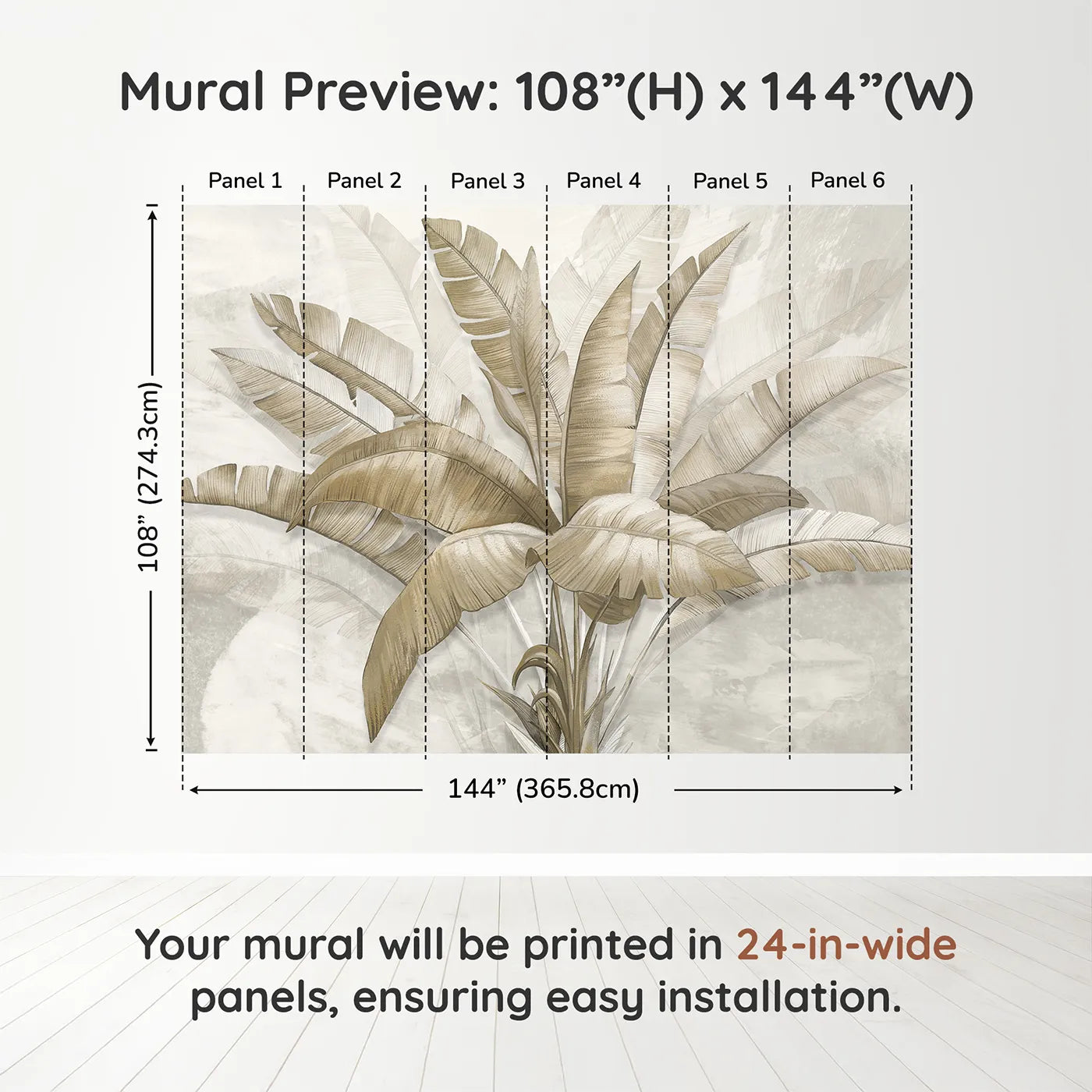 Whimsy Tots Golden Banana Leaves Wall Muraldimension view (108" H x 144" W). Printed in six 24-inch-wide panels. Gender-Neutral