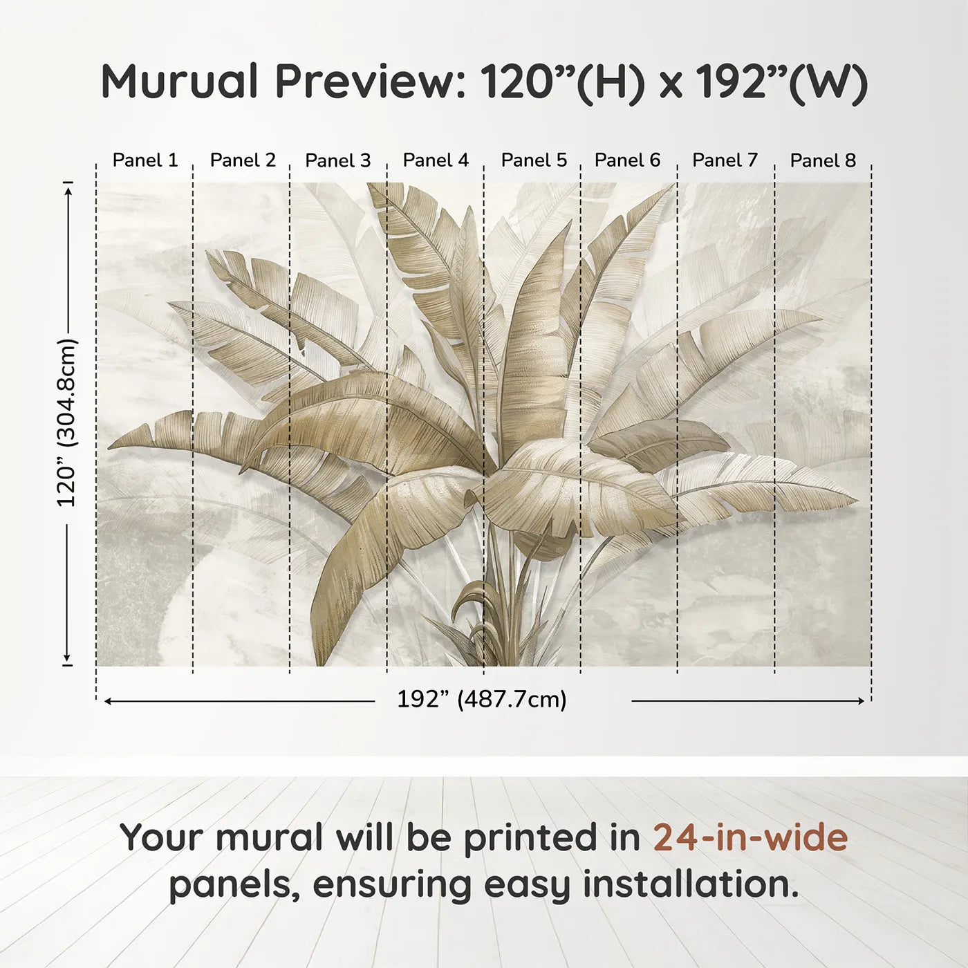 Whimsy Tots Golden Banana Leaves Wall Muraldimension view (120" H x 192" W). Printed in eight 24-inch-wide panels. Gender-Neutral