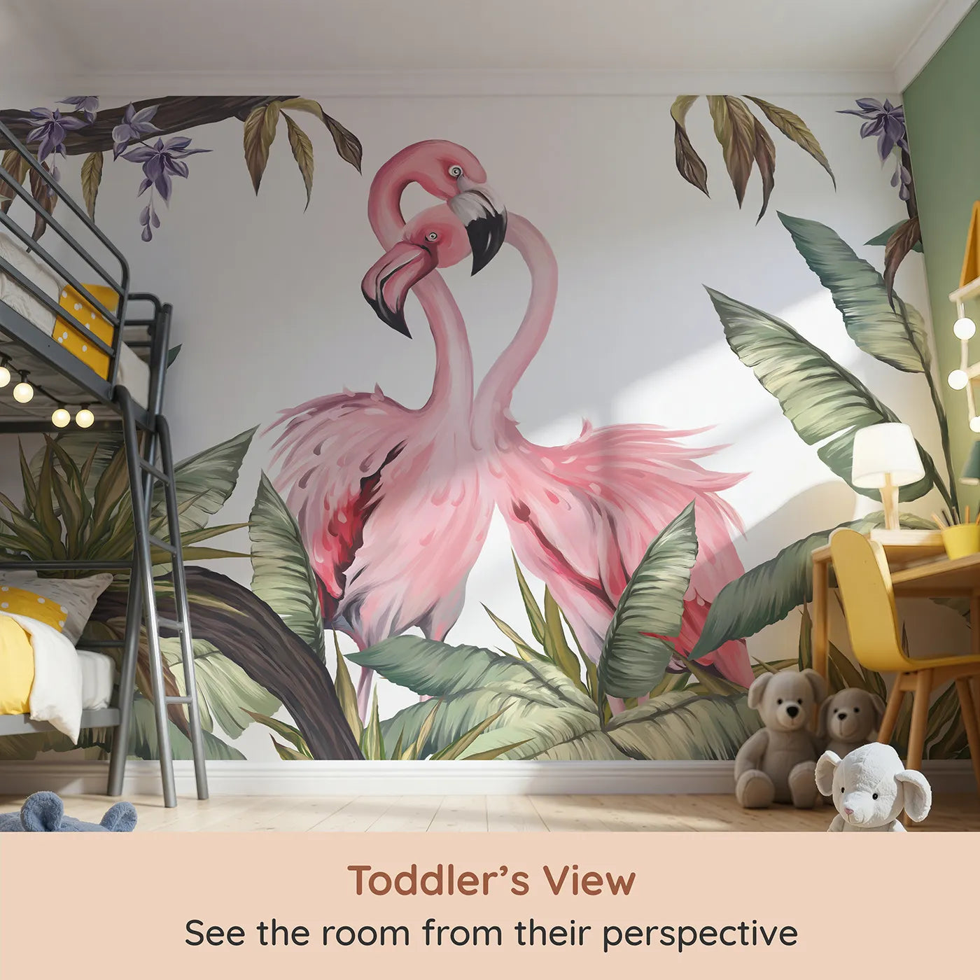 Whimsy Tots Flamingo Love Nest Wall Mural (Turn Their Room into a Romantic Jungle Hideaway) from your child's view.Best for Girls