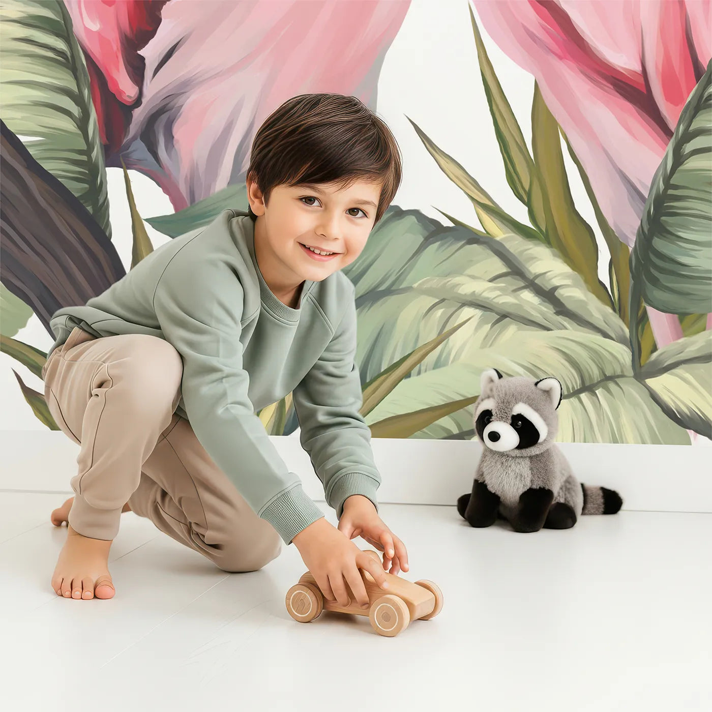 Child in front of Whimsy Tots Flamingo Love Nest Wall Mural with flamingo, bird, tropical, jungle, flower, love, pink, romantic in design.