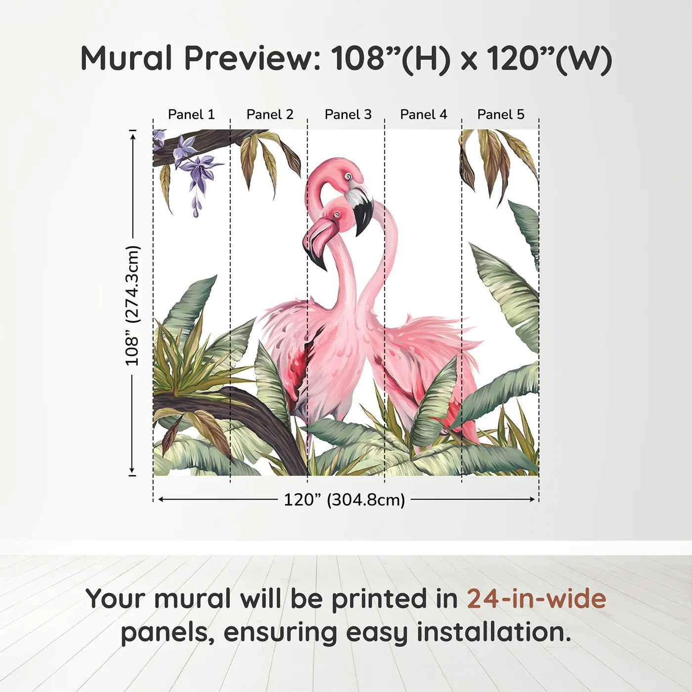 Whimsy Tots Flamingo Love Nest Wall Muraldimension view (108" H x 120" W). Printed in five 24-inch-wide panels. Best for Girls