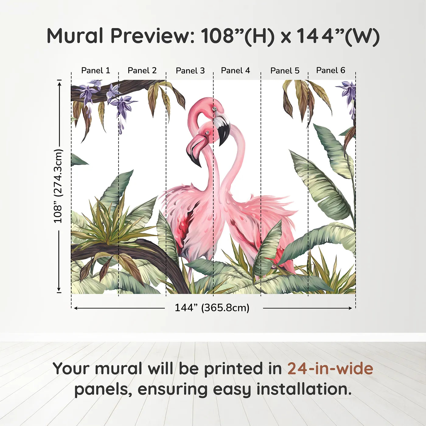 Whimsy Tots Flamingo Love Nest Wall Muraldimension view (108" H x 144" W). Printed in six 24-inch-wide panels. Best for Girls