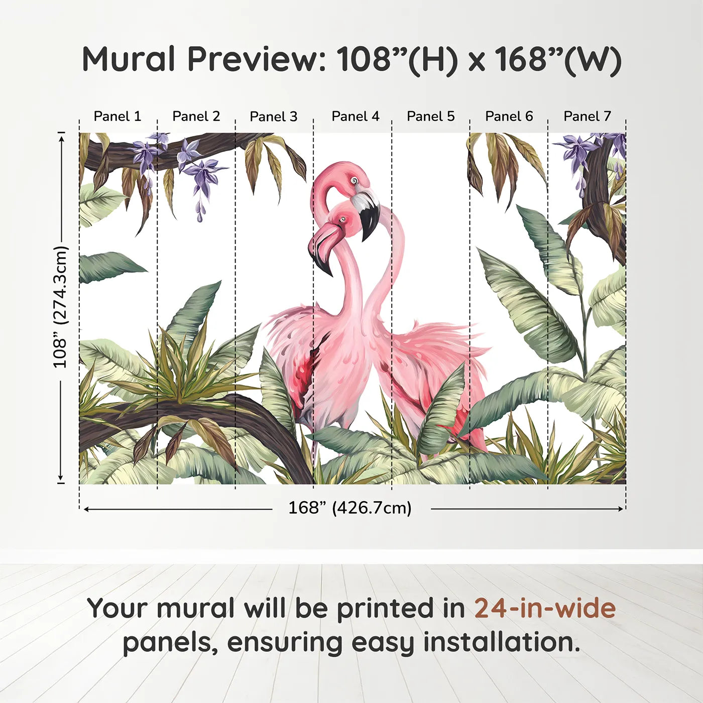 Whimsy Tots Flamingo Love Nest Wall Muraldimension view (108" H x 168" W). Printed in seven 24-inch-wide panels. Best for Girls