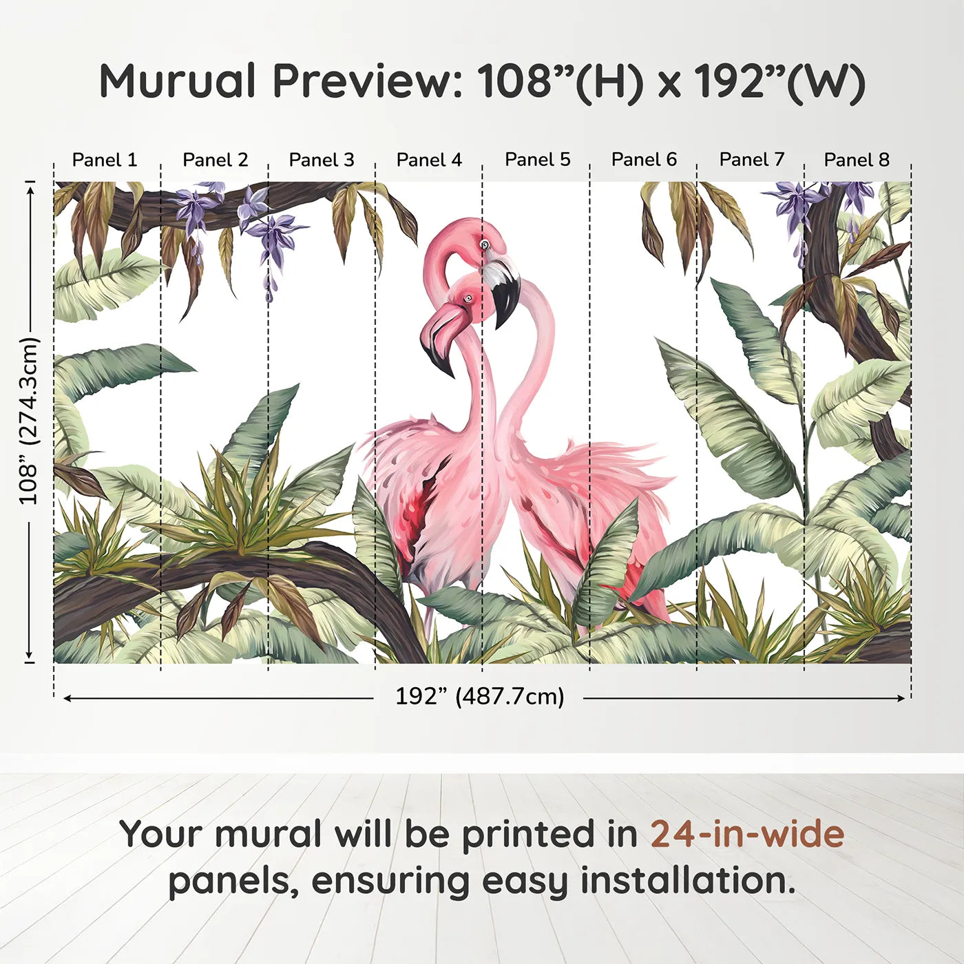 Whimsy Tots Flamingo Love Nest Wall Muraldimension view (108" H x 192" W). Printed in eight 24-inch-wide panels. Best for Girls
